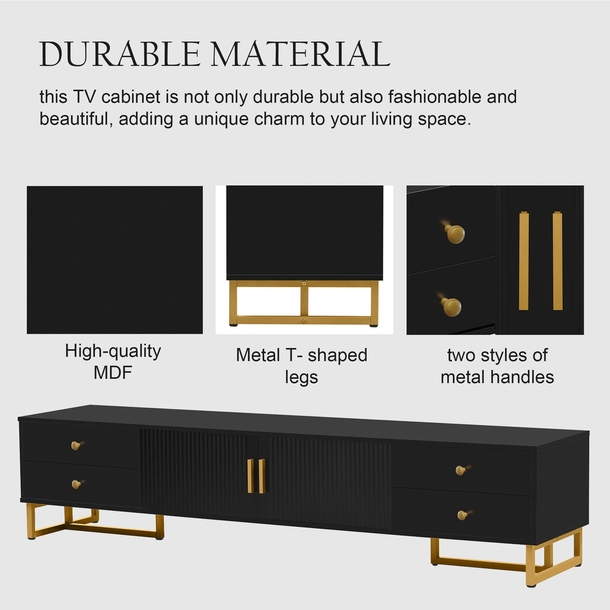 Roomfitters Modern TV Stand for 65 Inch TV and Above, Entertainment Console Cabinet with Storage Compartments, Black Roomfitters