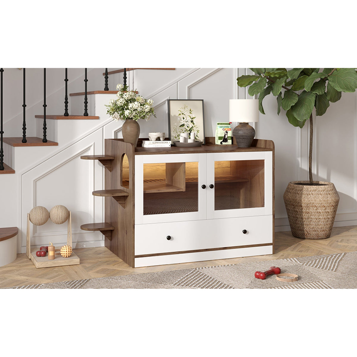 Roomfitters Luxury Cat Litter Box Enclosure Furniture Side Table Cabinet with Deep Cleaning Drawer White Brown Roomfitters