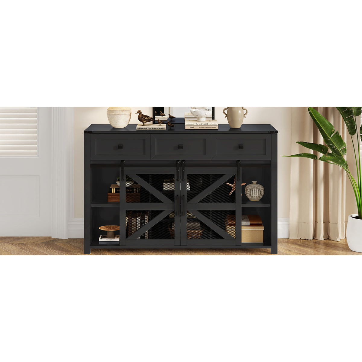 variant-group:rf-n711p347384b|Roomfitters 55" Sideboard Buffet Cabinet with 3 Drawers and Sliding Barn Doors, Farmhouse Storage for Kitchen & Dining, Black