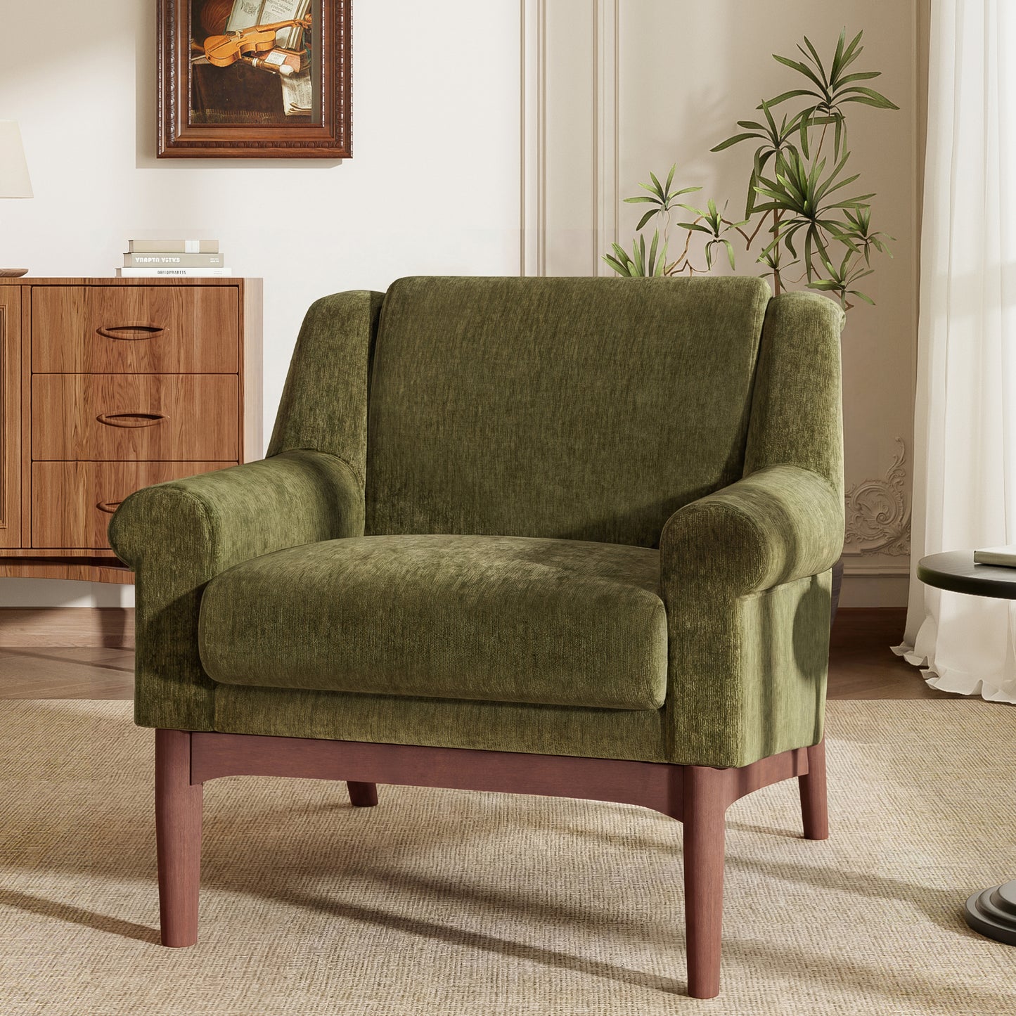 variant-group:rf-n723p426251g|Roomfitters Mid-Century Modern Textured Upholstered Accent Chair, Comfy Armchair with Sturdy Solid Wood Legs for Home, Green