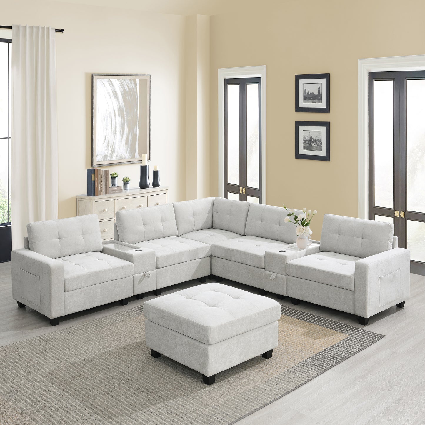 variant-group:rf-n723s1191k|Roomfitters 104 Inch Modular Sectional Sofa with Console and Cup Holders, Upholstered L-Shape Couch for Home Decor, Light Gray