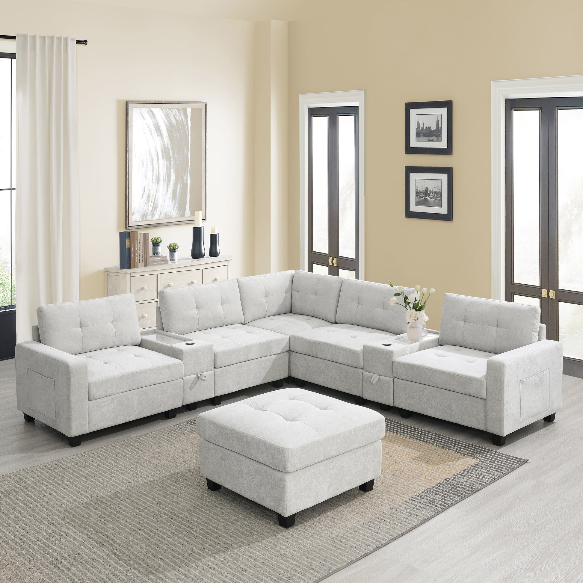 variant-group:rf-n723s1191k|Roomfitters 104 Inch Modular Sectional Sofa with Console and Cup Holders, Upholstered L-Shape Couch for Home Decor, Light Gray