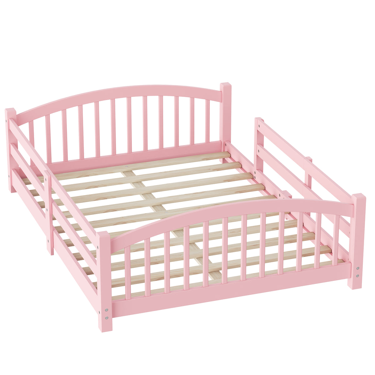variant-group:rf-n733p400299h|Roomfitters Full Montessori Floor Bed with Guardrails, Solid Wood Low Platform Bed with Slats, Easy Assembly, Pink