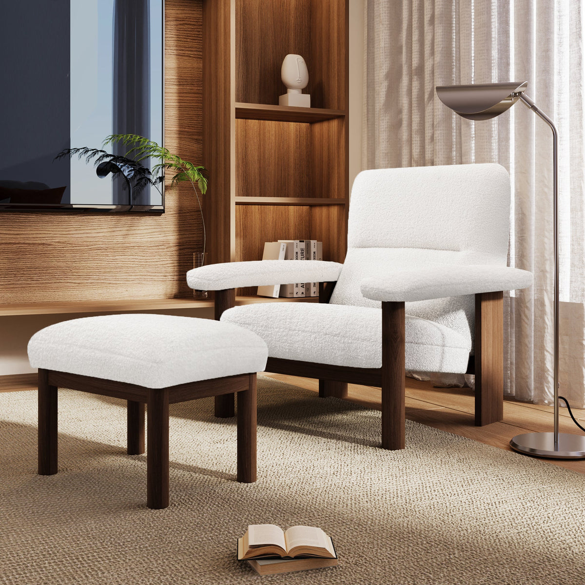 Roomfitters Mid-Century Accent Chair with Ottoman, Fabric Upholstered Armchair and Footrest Set with Wood Frame, White Roomfitters