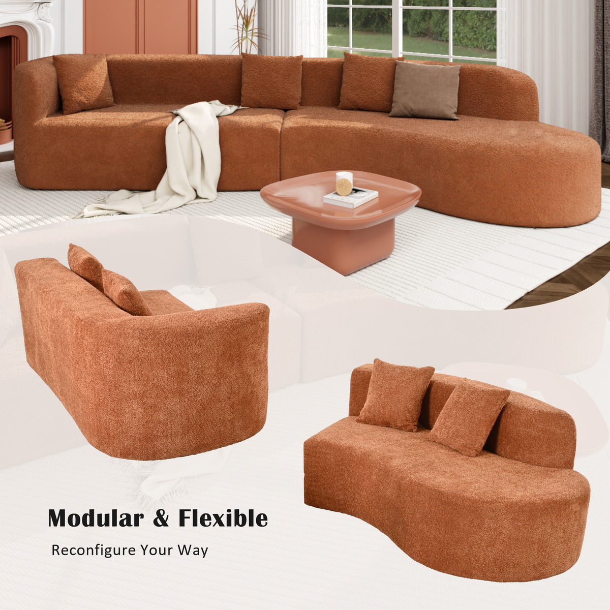 variant-group:rf-n711wy000456aao|Roomfitters 132" Sectional Sofa, Modern Curved Design L-Shaped Modular Couch for Living Room Furniture, Orange