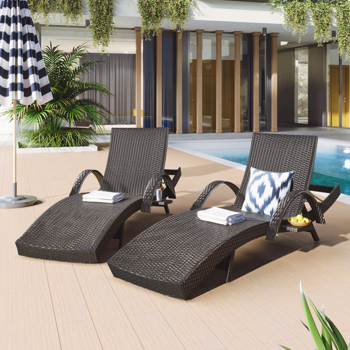 variant-group:rf-n707wf321204aad|Roomfitters 80" Outdoor Wicker Chaise Lounge Chairs, Set of 2, Reclining Patio Chairs with Pull-Out Table, Dark Brown