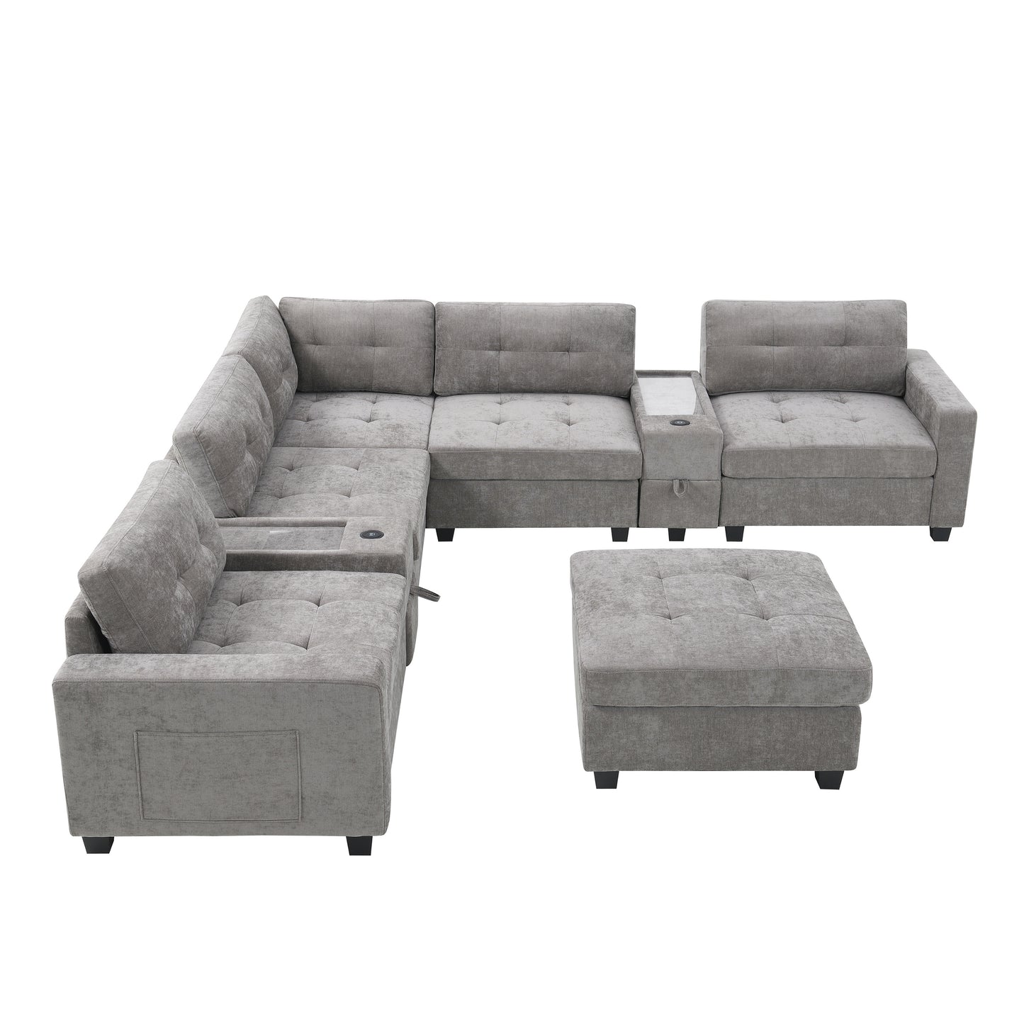 variant-group:rf-n723s1191e|Roomfitters 104 Inch Modular Sectional Sofa with Console and Cup Holders, Upholstered L-Shape Couch for Home Decor, Gray