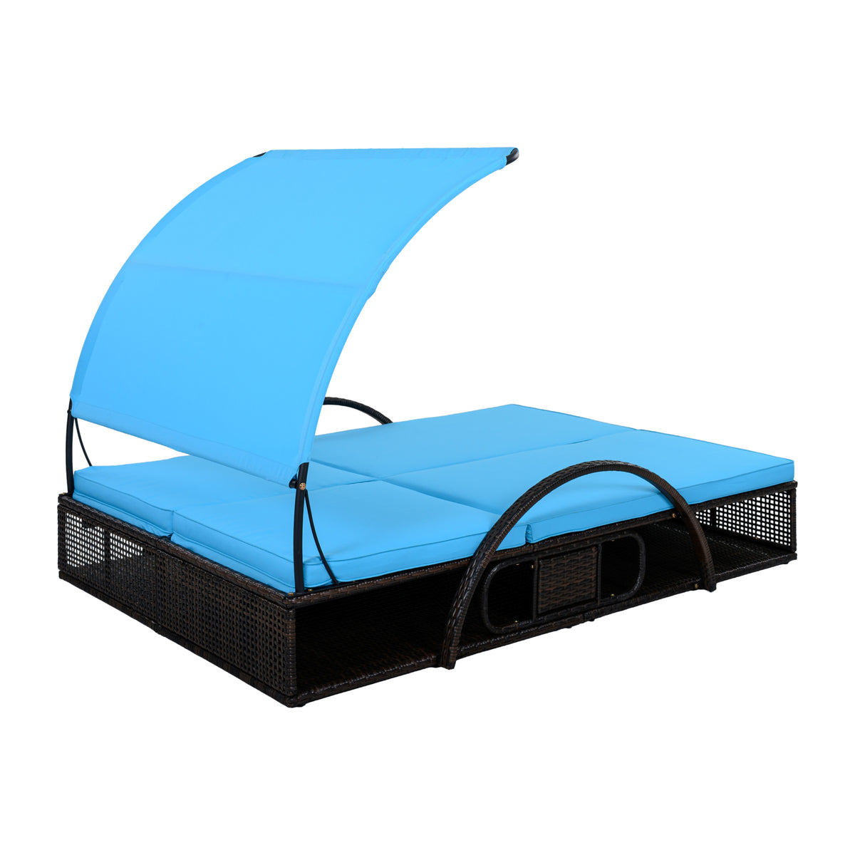 variant-group:rf-n711wy000485aac|Roomfitters Blue HDPE Wicker Outdoor Double Sunbed, Steel Frame Patio Chaise, Hidden Side Tables, Canopy Shade