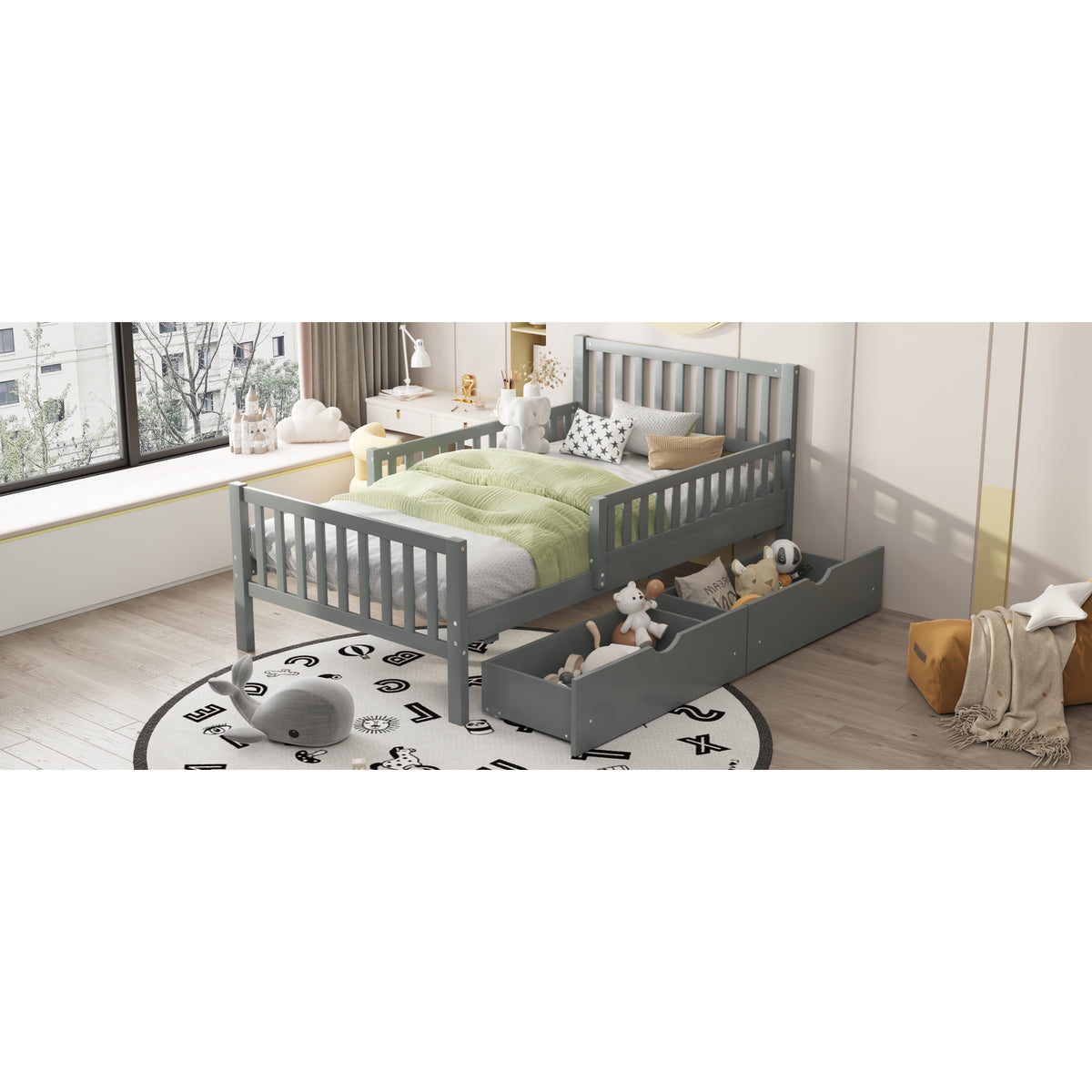 variant-group:rf-n733p172696e|Roomfitters Twin Size Wood Platform Bed with Guardrails and Two Storage Cabinets, Grey