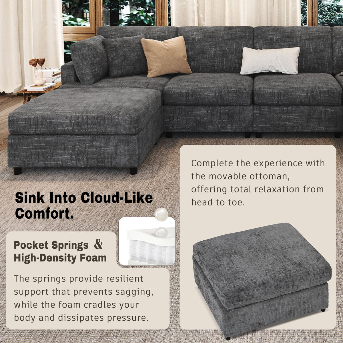 Roomfitters 127" U-Shaped Sectional Sofa, Modern Modular L-Shaped Couch with Movable Ottoman for Living Room, Grey Roomfitters