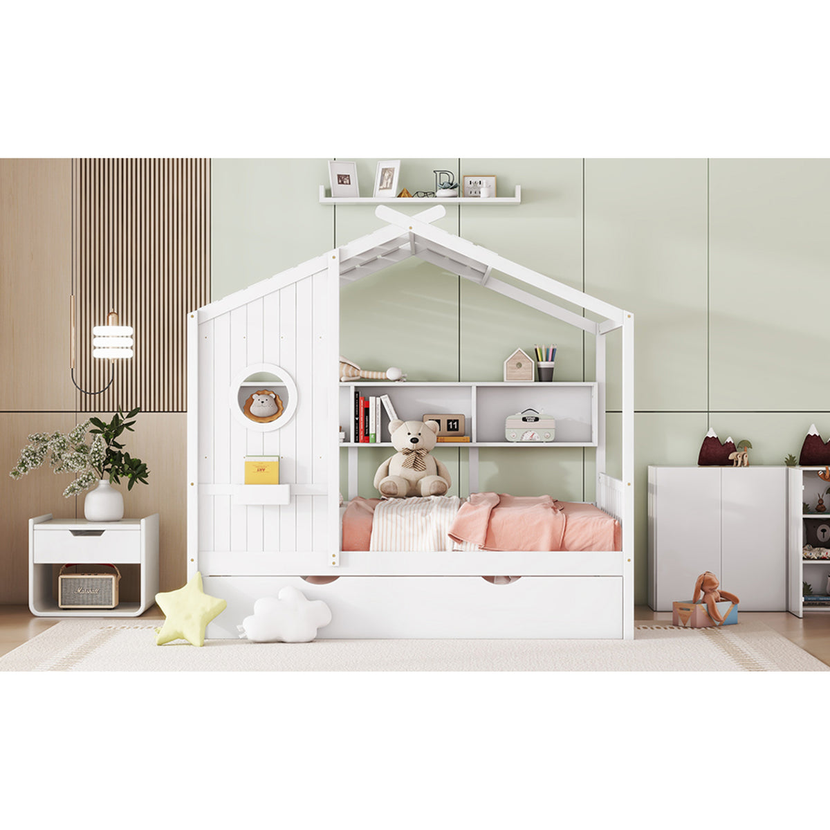variant-group:rf-n733s316125k|Roomfitters Wooden Full Size House Bed with Trundle and Storage Shelf, White