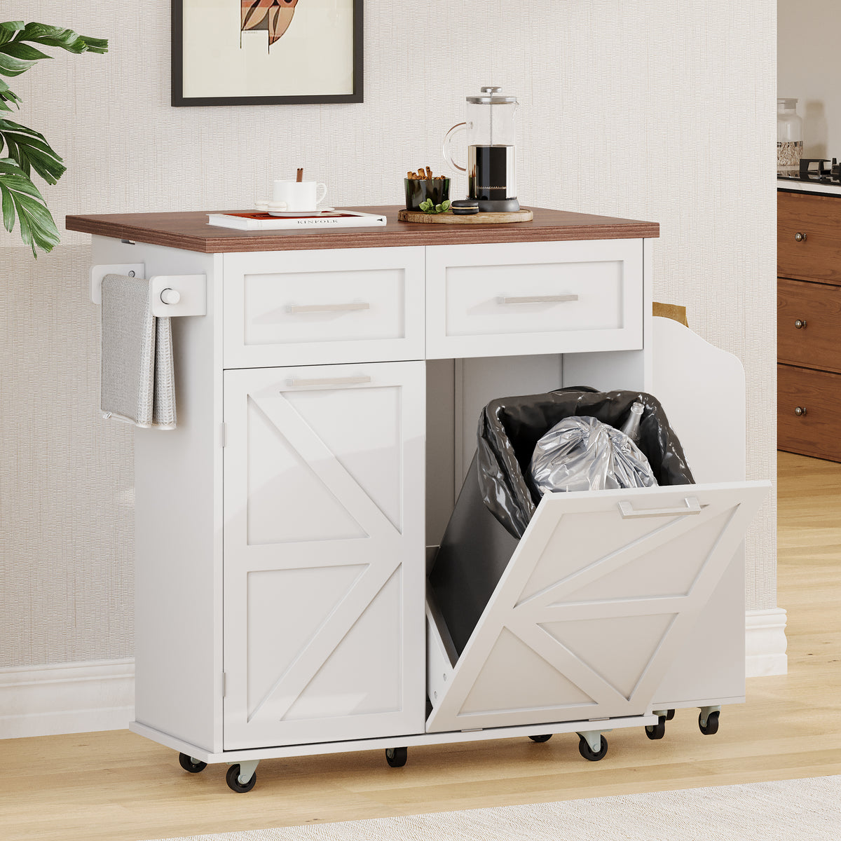 variant-group:rf-n707p307296w|Roomfitters 47.2" Farmhouse Kitchen Island with Drop Leaf, Tilt Trash Can Cabinet, Removable Mobile Side Racks, White