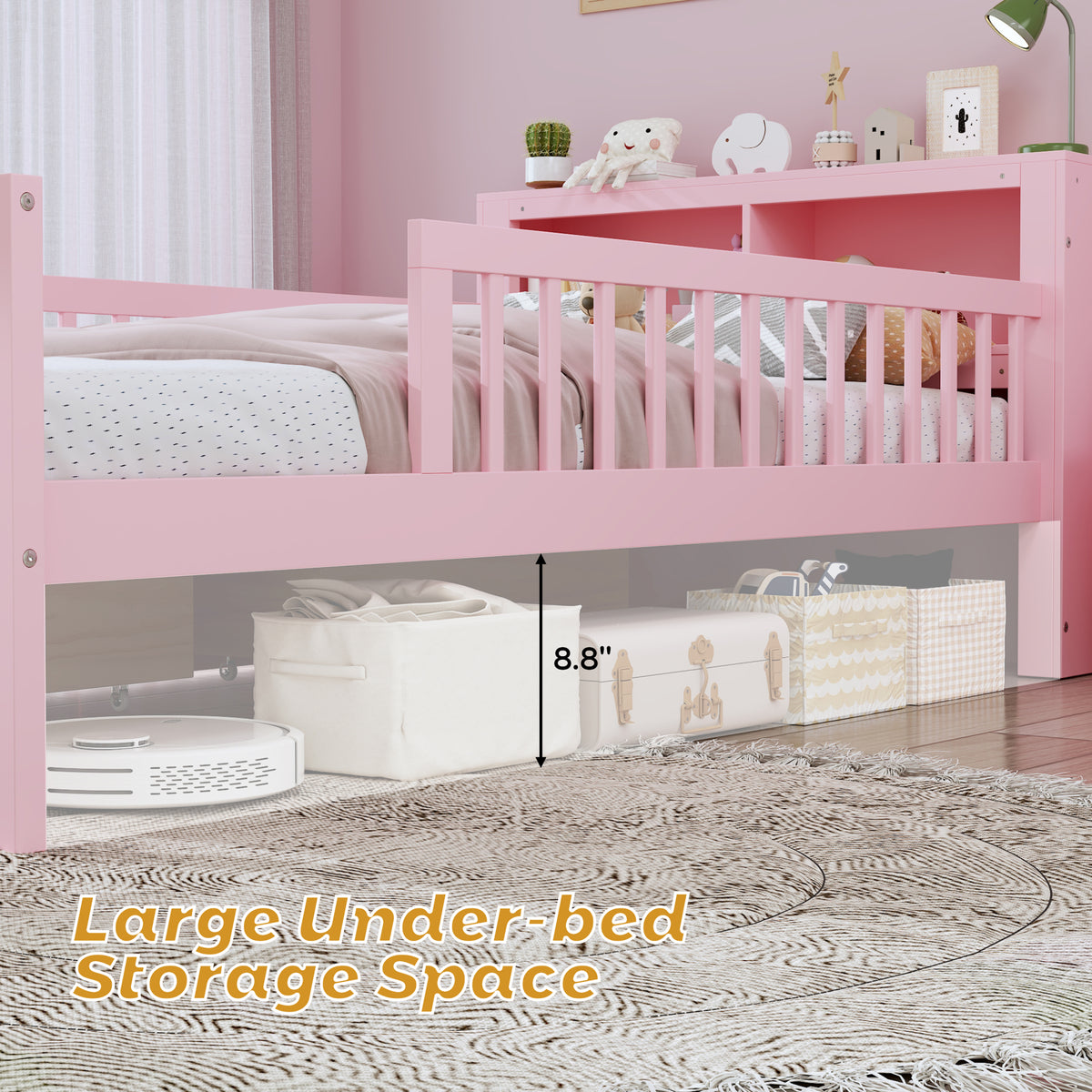 variant-group:rf-n733p272374h|Roomfitters Twin Bed with Headboard Storage Rack, Under-Bed Storage and Three-Side Guardrails, Pink