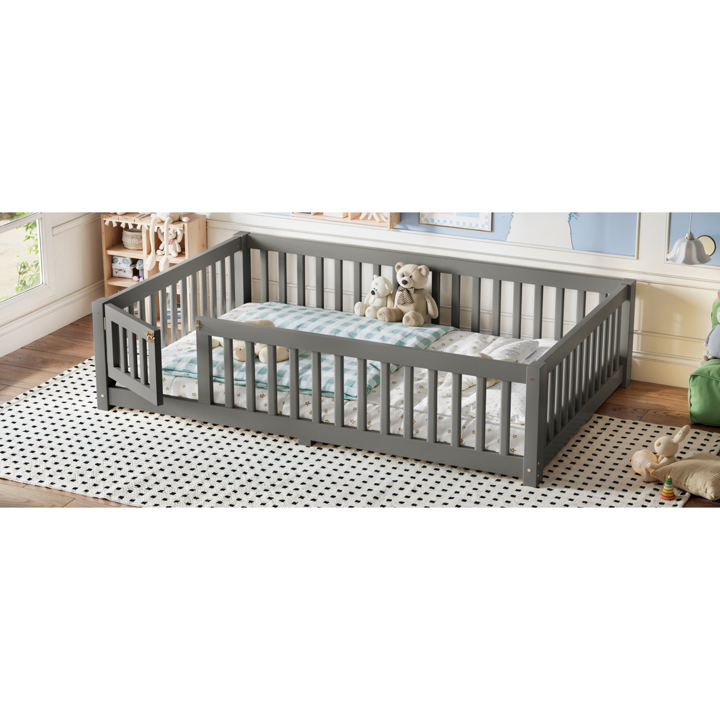 variant-group:rf-w1580p462318|Roomfitters Full Size Wooden Floor Bed Frame with Safety Guardrails Door, Solid Wood Low Profile Toddler Play Bed, Gray