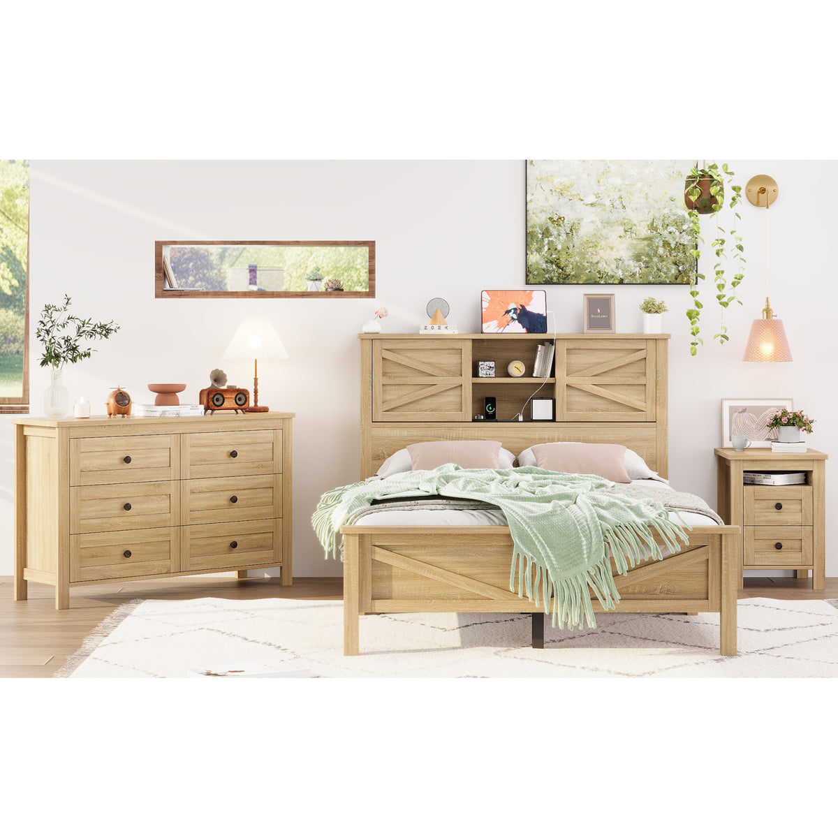 variant-group:rf-n733s369048m|Roomfitters 3 Piece Bedroom Set, Full Farmhouse Platform Bed with Sliding Headboard, Bedside Tables, Natural