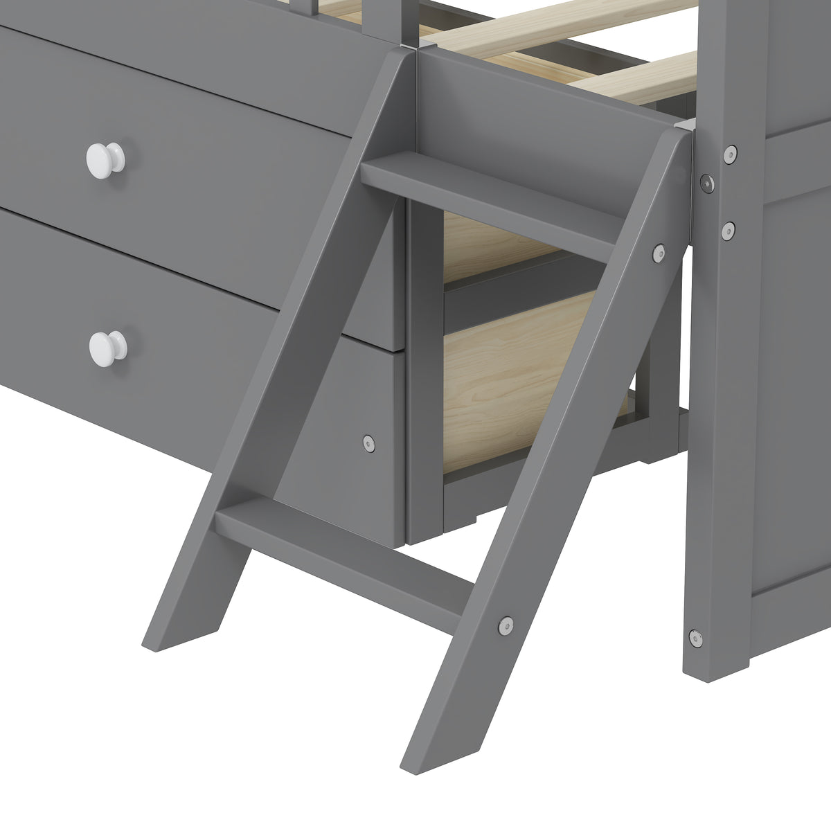 variant-group:rf-n733s278032e|Roomfitters Twin Platform Bed Frame with Four Drawers, Wooden Kids Bed with Guardrail Headboard and Ladder, Gray