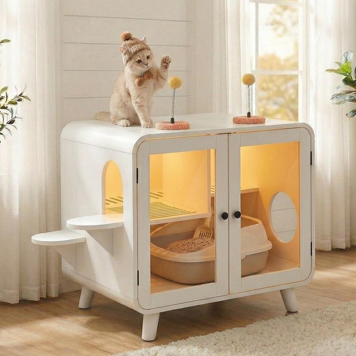 variant-group:rf-n704p419240k|Roomfitters Retro TV-Style Hidden Cat Litter Box Enclosure with App Controlled RGB LED Lights and Stairs White