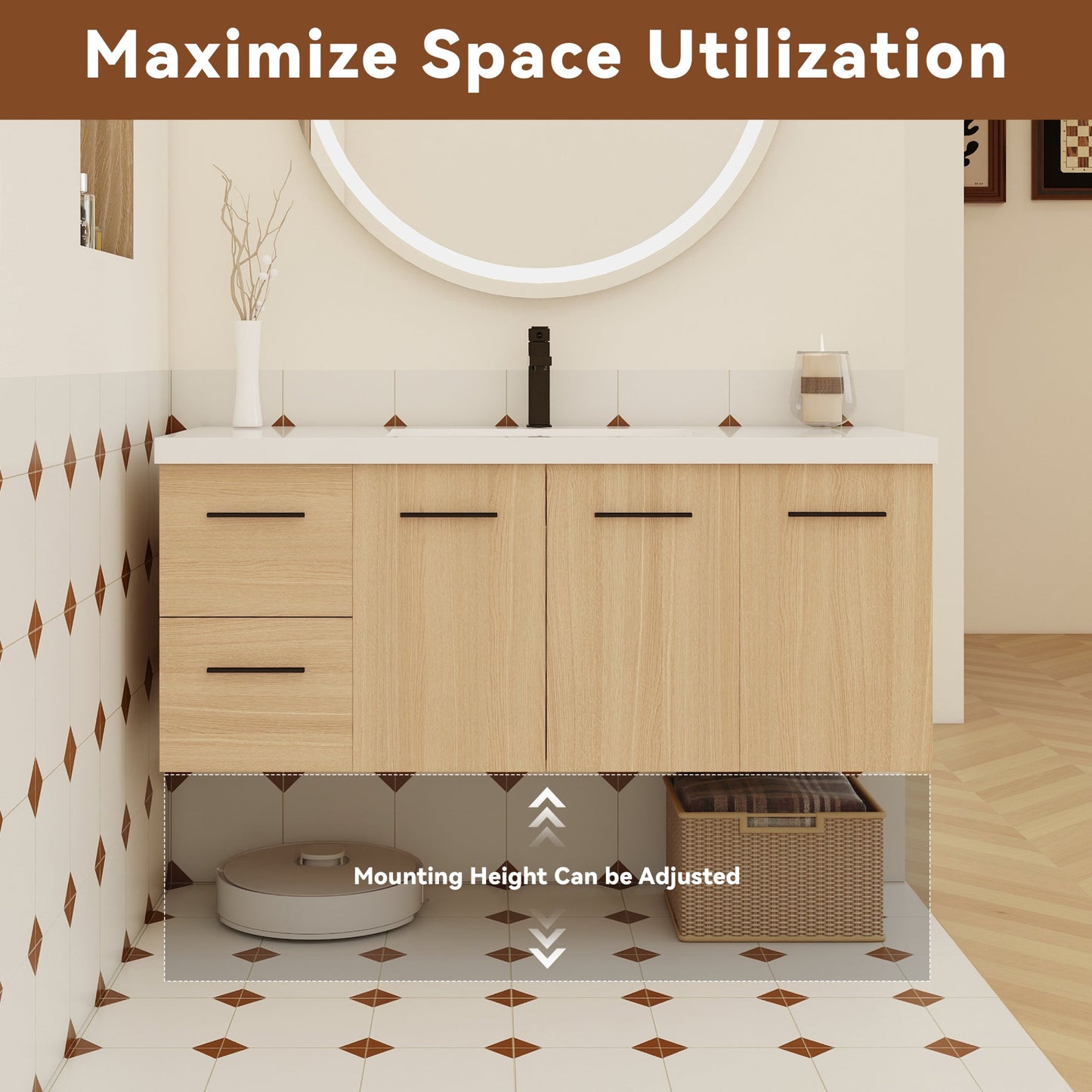 48" Light Oak Floating Bathroom Vanity with Sink, Modular 3-Piece Cabinet (2-Door + 1-Door + 2-Drawer), Gel-Coat Integrated Sink Top, Wall-Mounted, 4 Packages Roomfitters