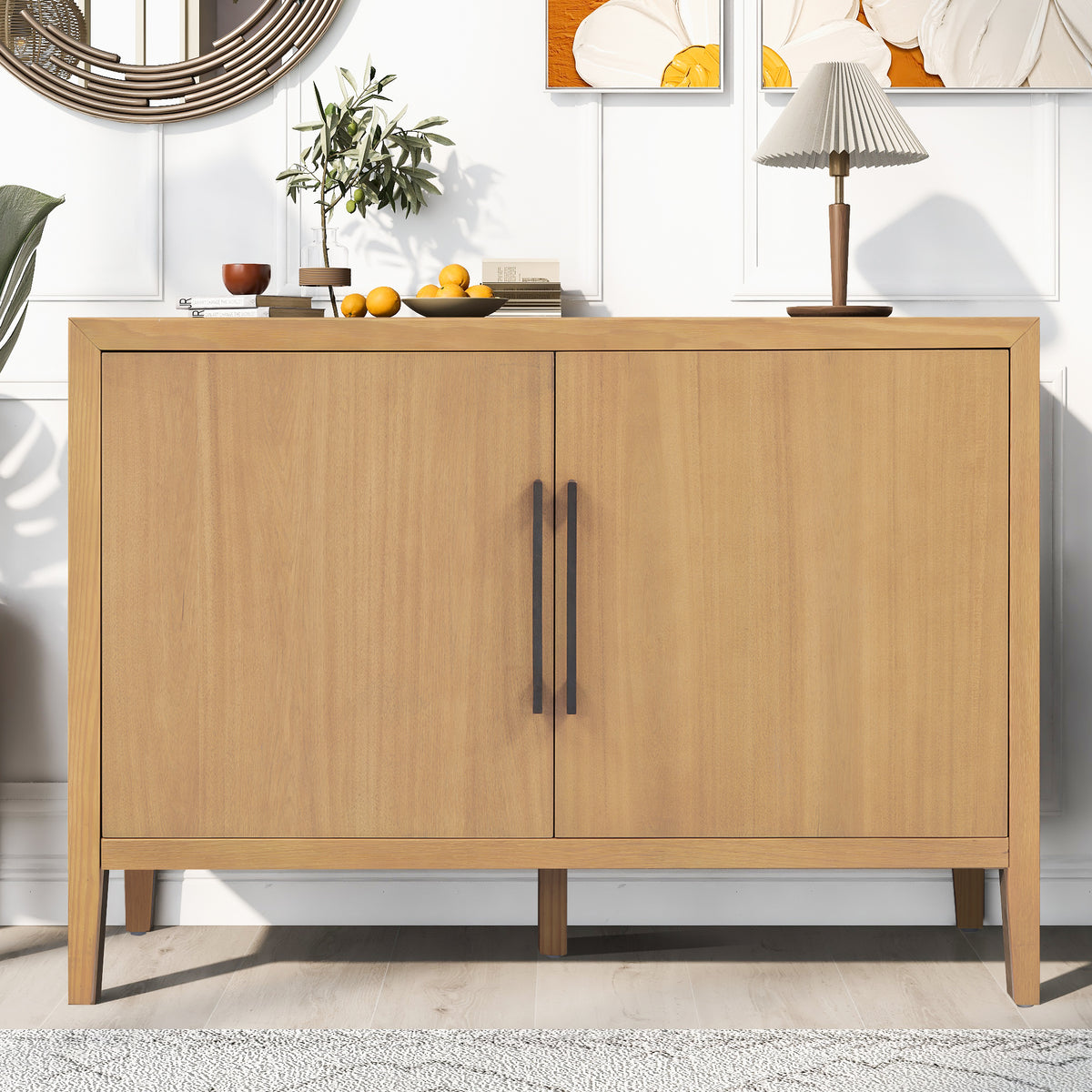 variant-group:rf-n711p410389o|Roomfitters 47.25-Inch Farmhouse Sideboard, 2-Door Buffet Cabinet, Natural Wooden Storage Console, Metal Handles