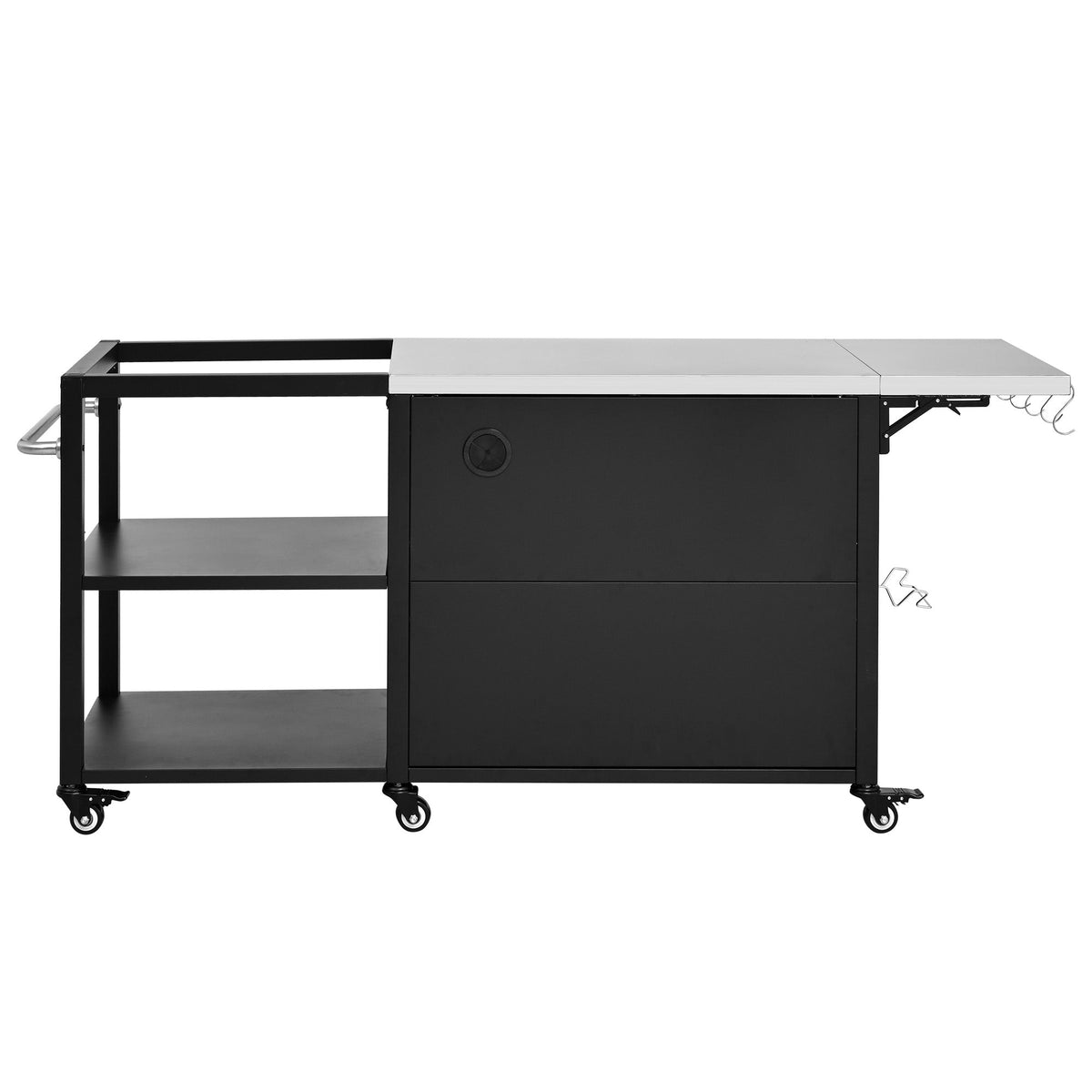 Roomfitters 76.6" Grill Cart with Stainless Steel Top and Kamado Nest, Folding Drop Leaf Prep Station, Mobile Cabinet, Black