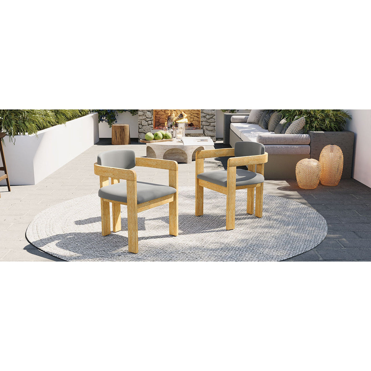 Roomfitters Set of 2 Outdoor Acacia Wood Dining Chairs with Fixed Ergonomic Wraparound Backrest Gray Cushions Roomfitters