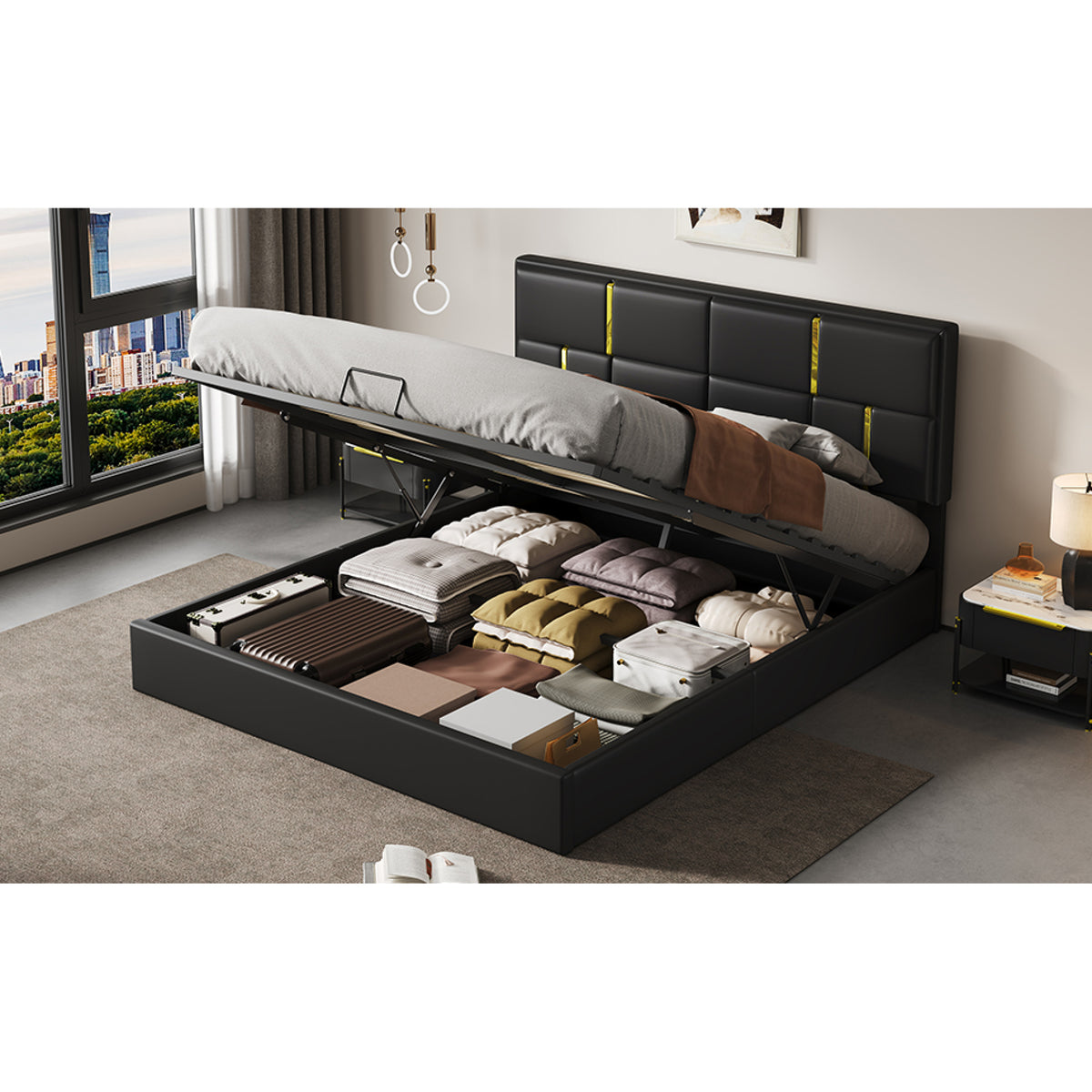 variant-group:rf-n733s362241b|Roomfitters Queen Upholstered Platform Bed with Hydraulic Storage Lift, Modern Bed Frame, No Box Spring Required, Black