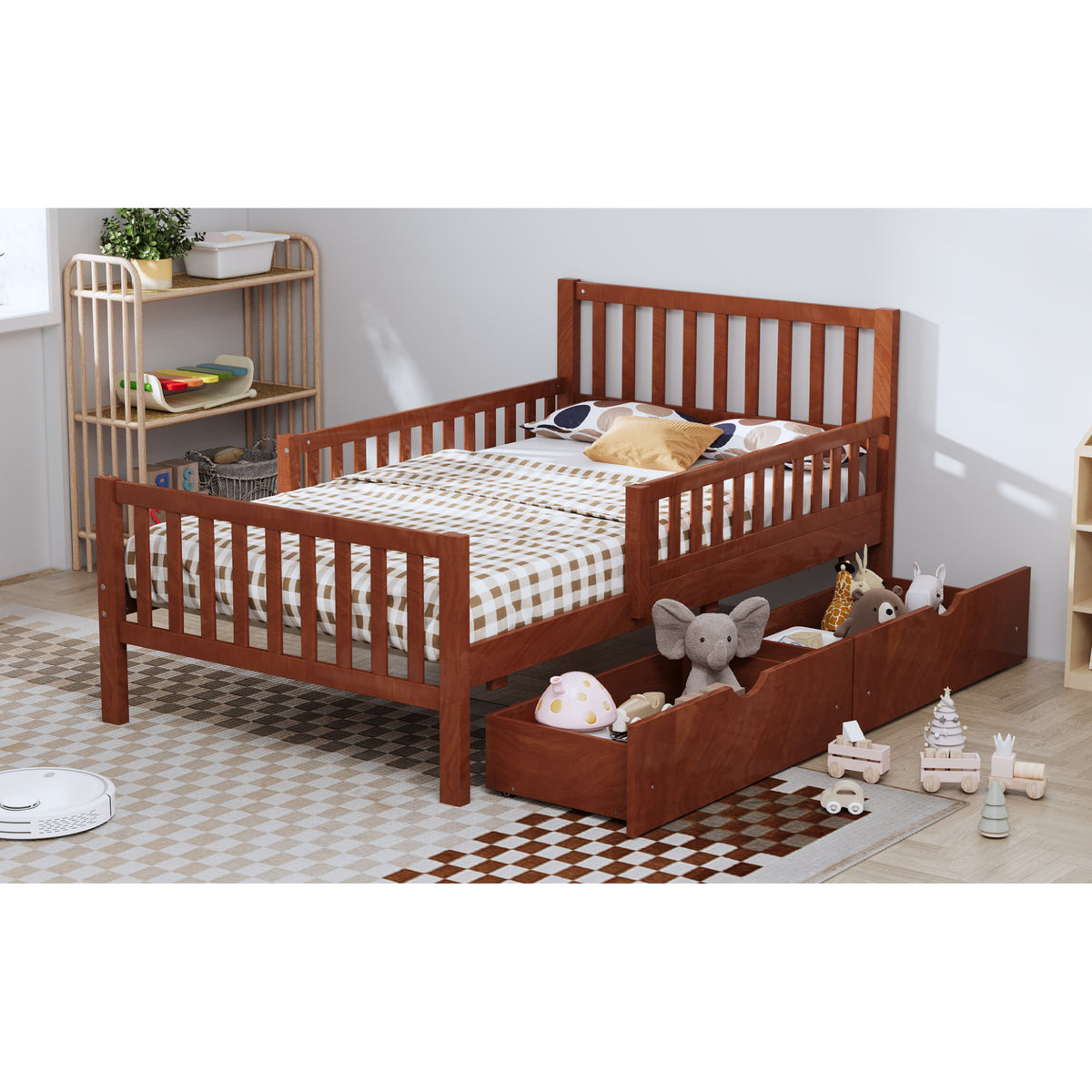variant-group:rf-n733p172696d|Roomfitters Twin Size Wood Platform Bed with Guardrails and 2 Storage Drawers, Walnut
