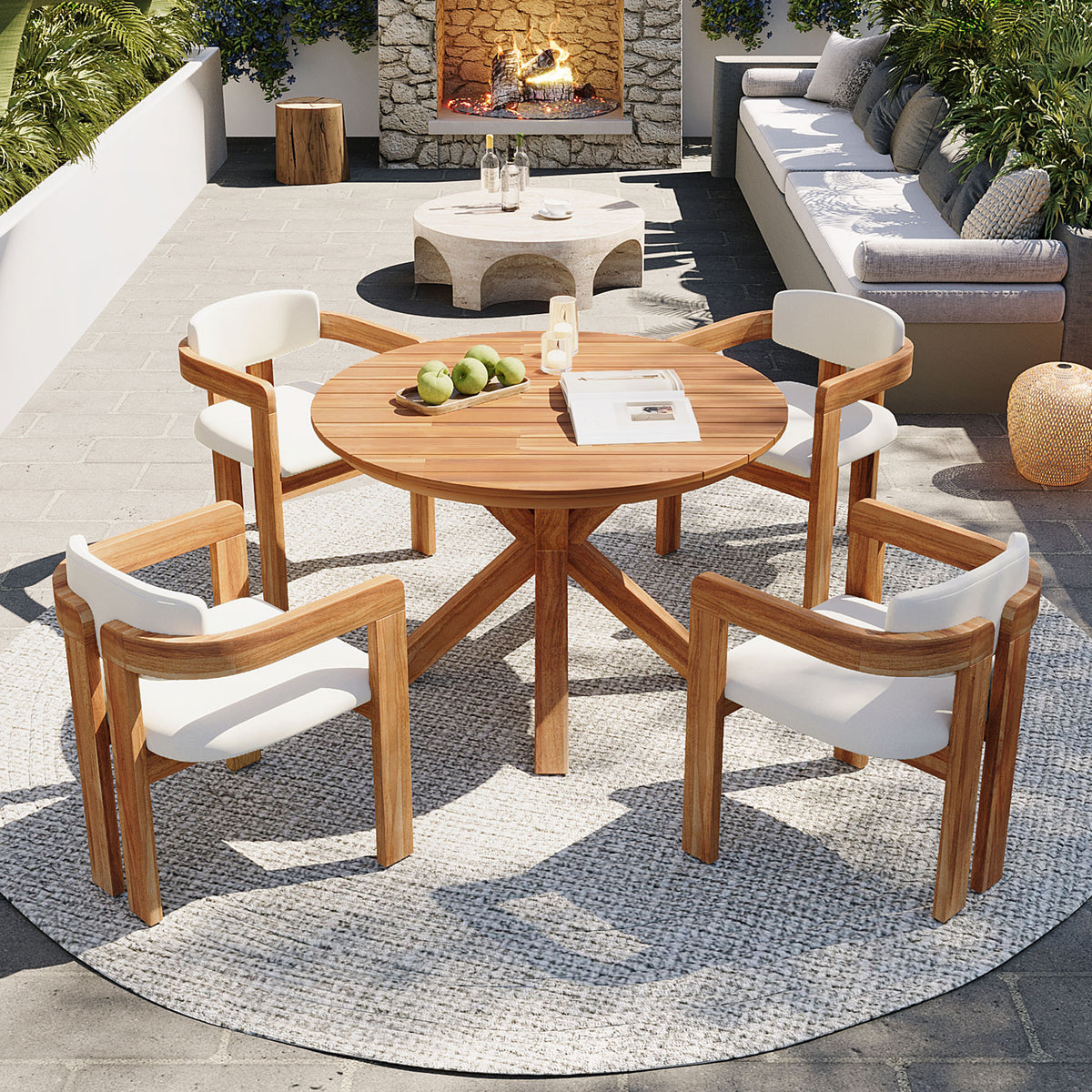 variant-group:rf-n704g201258a|Roomfitters 5-Piece Outdoor Acacia Wood Round Dining Set with Ergonomic Barrel Armchairs Beige Cushions
