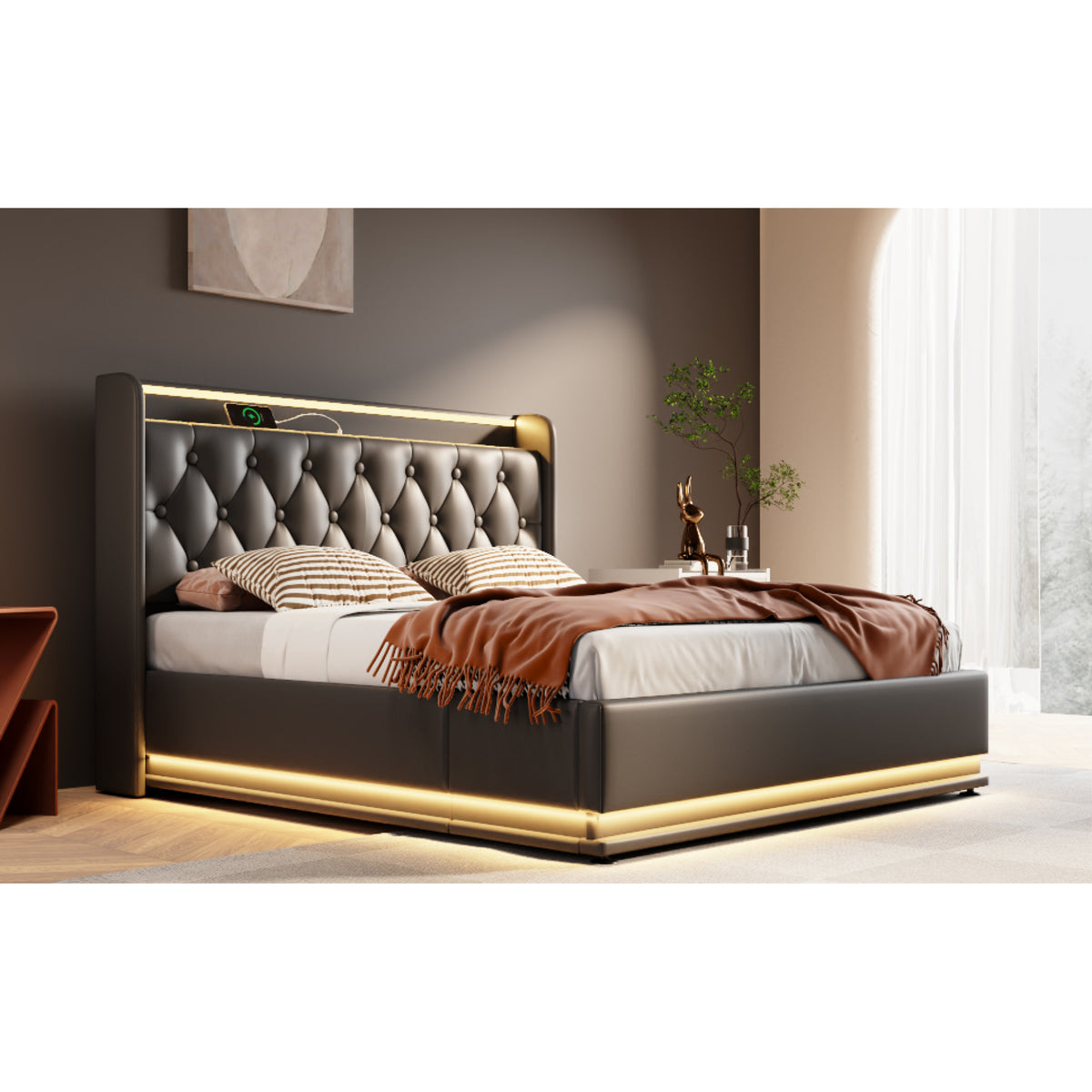variant-group:rf-n736p188807b|Roomfitters Queen Size Upholstered Storage Bed with USB Type-C Charging and Remote Control, Faux Leather Black