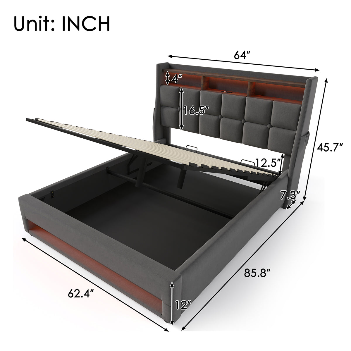 variant-group:rf-n736aa20690910g|Roomfitters Queen Size Upholstered Platform Bed with Storage System, USB Charging Ports, Grey