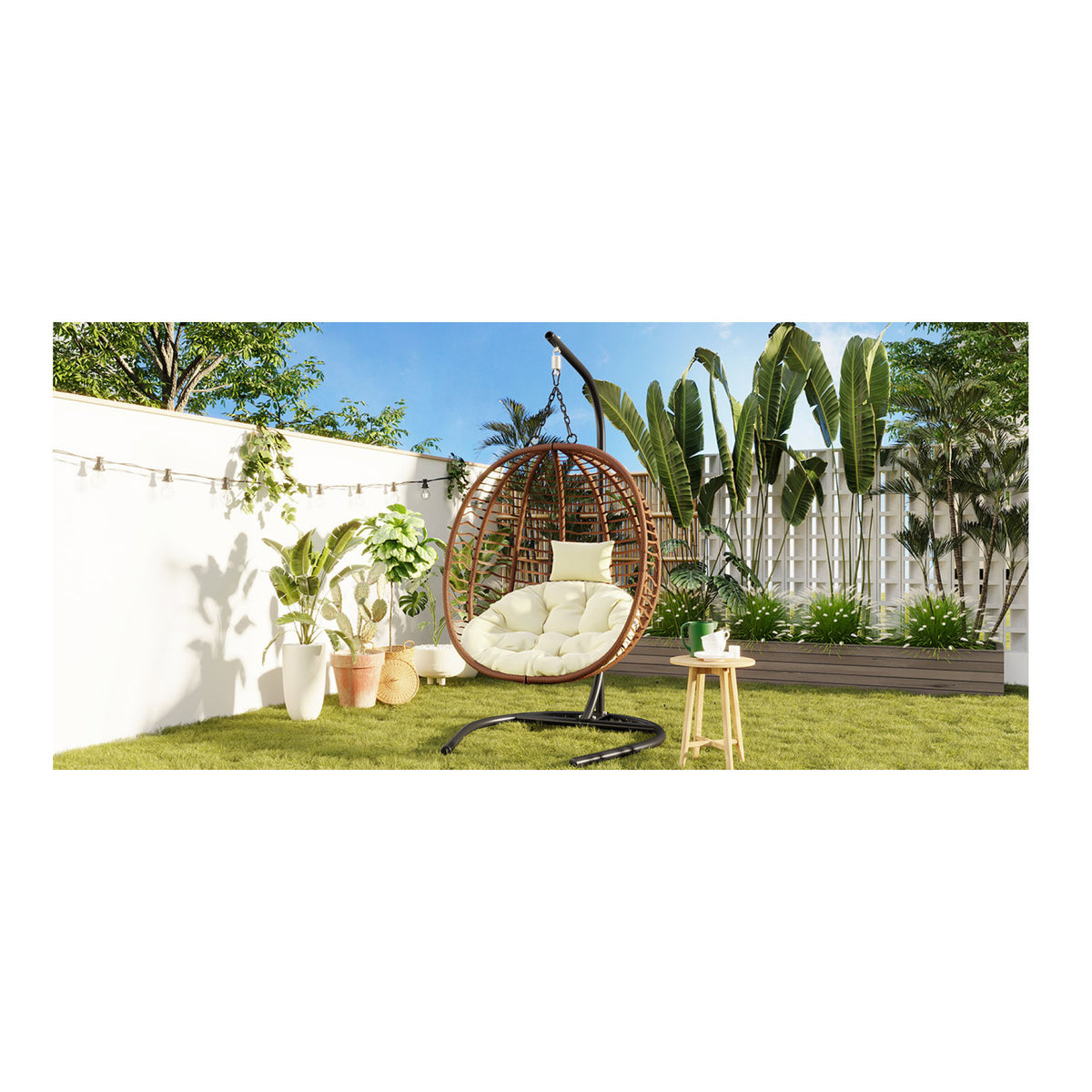 variant-group:rf-n711p389503k|Roomfitters Single Person Folding Egg Chair with Stand, UV Resistant Wicker Rattan Swing for Patio, Garden, Brown+Beige