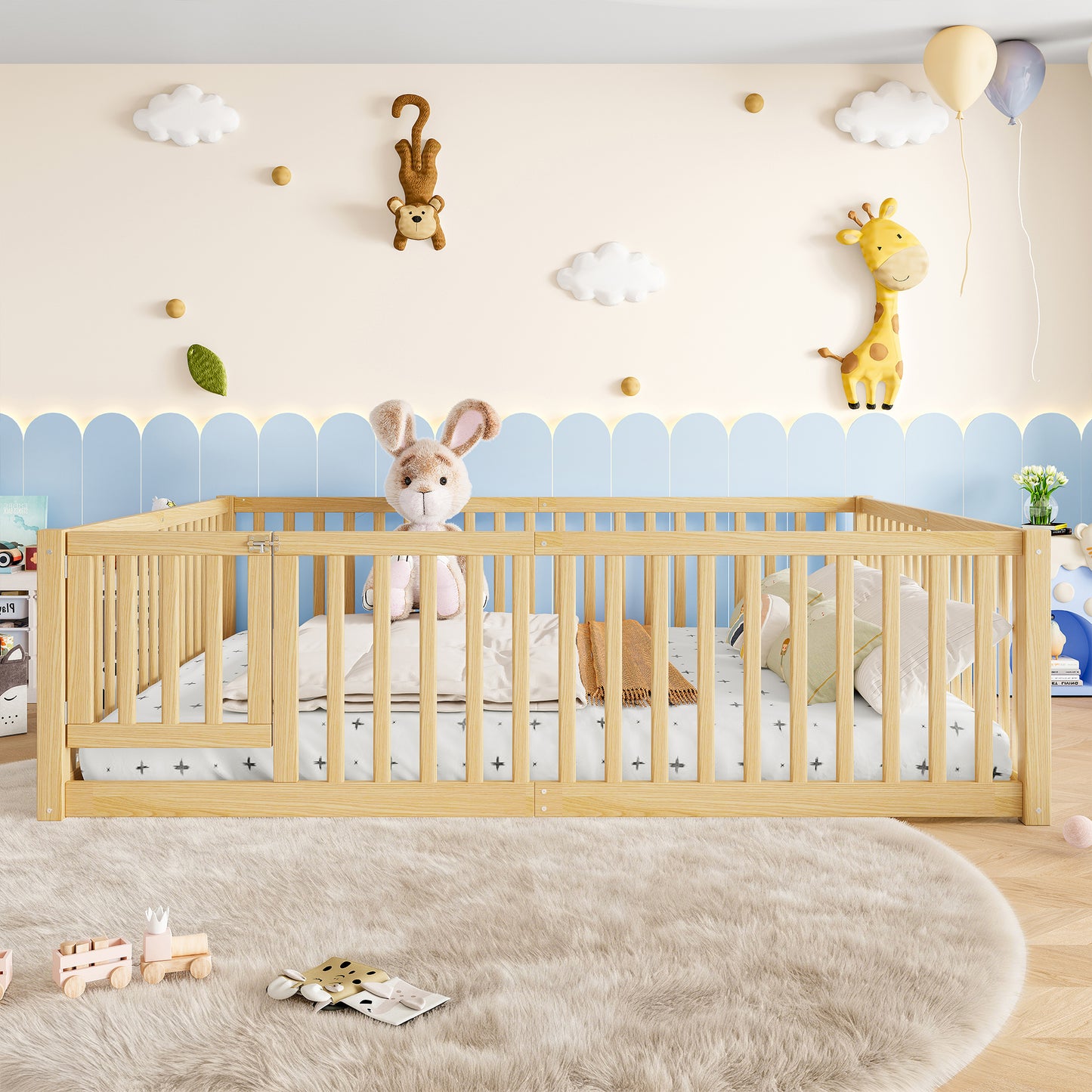 variant-group:rf-w1580p417673|Roomfitters Queen Size Wooden Floor Bed with Safety Guardrails Door, Solid Wood Low Profile Toddler Bed Frame, Natural
