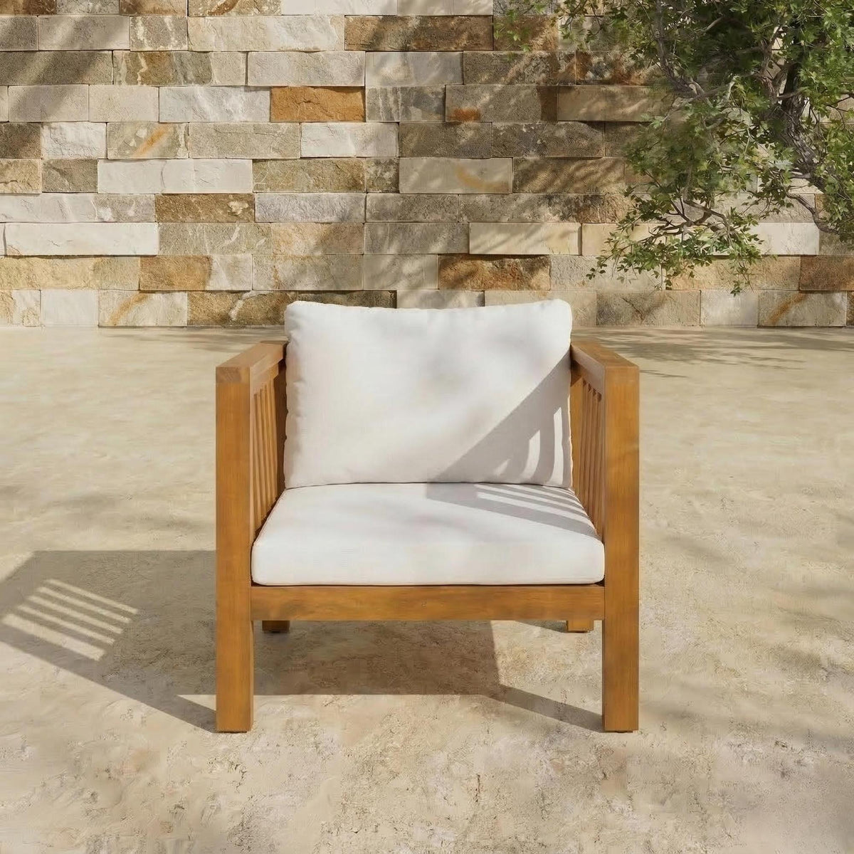 variant-group:rf-n704p448452a|Roomfitters Outdoor Acacia Wood Club Chair with Modern Mid-Century Square Arms and Thick Cushion Beige
