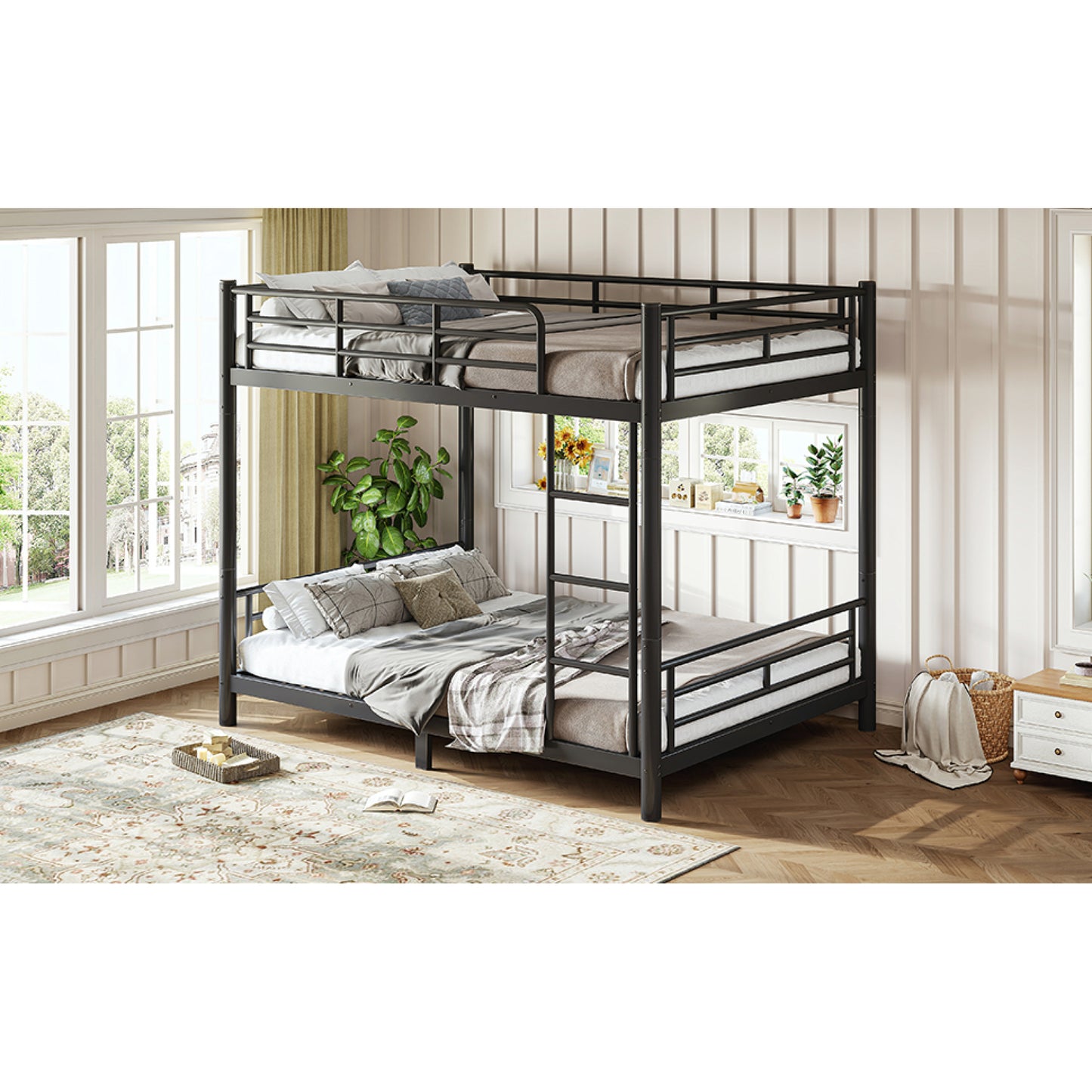 variant-group:rf-w1580p454730|Roomfitters Full over Full Metal Bunk Bed Frame for Teens Adults, Convertible 2 Separate Beds Round Tube, Black