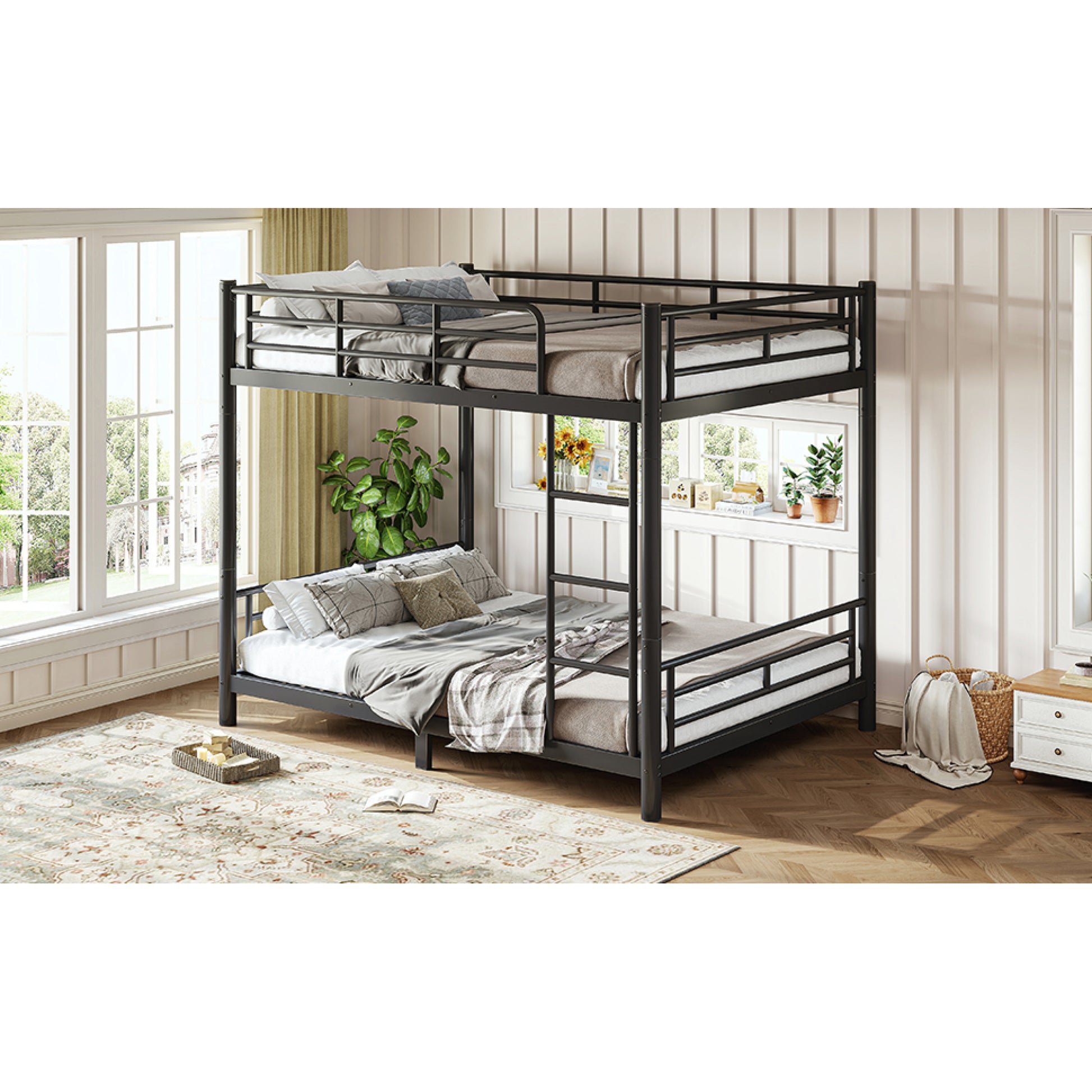 variant-group:rf-w1580p454730|Roomfitters Full over Full Metal Bunk Bed Frame for Teens Adults, Convertible 2 Separate Beds Round Tube, Black