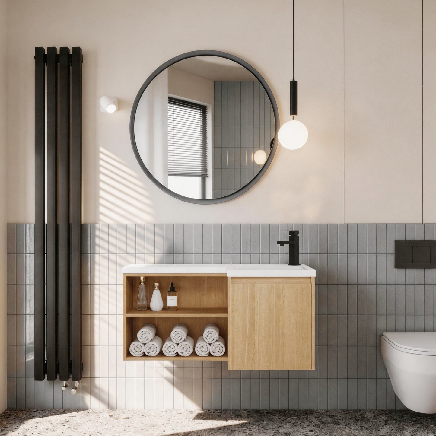 36" Corner Floating Bathroom Vanity with Resin Gel Coat Integrated Sink, L-Shaped Wall-Mounted Vanity, Light Oak Finish, Soft-Close Door & Open Shelves, Space-Saving Modern Vanity (Ships in 2 Boxes)