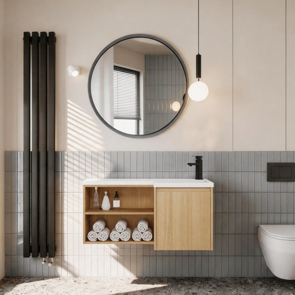 36" Corner Floating Bathroom Vanity with Resin Gel Coat Integrated Sink, L-Shaped Wall-Mounted Vanity, Light Oak Finish, Soft-Close Door & Open Shelves, Space-Saving Modern Vanity (Ships in 2 Boxes)