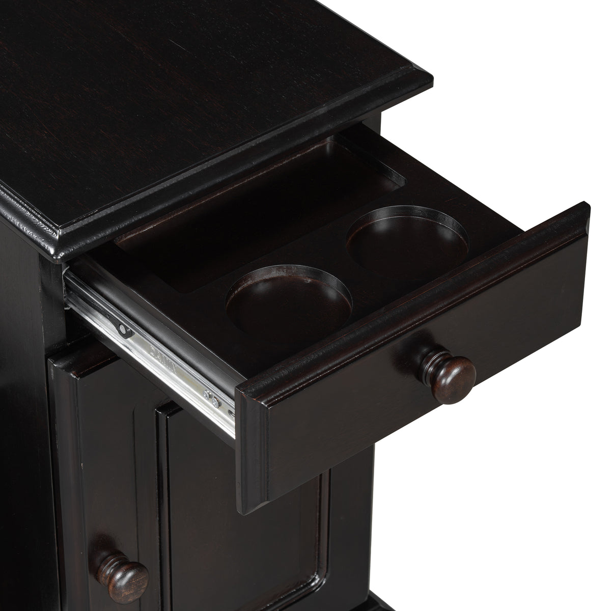variant-group:rf-n724p293133p|Roomfitters Vintage Sofa Side Table with USB Ports, Flip Top, Cup Holders and Bookshelf Storage for Small Spaces, Espresso