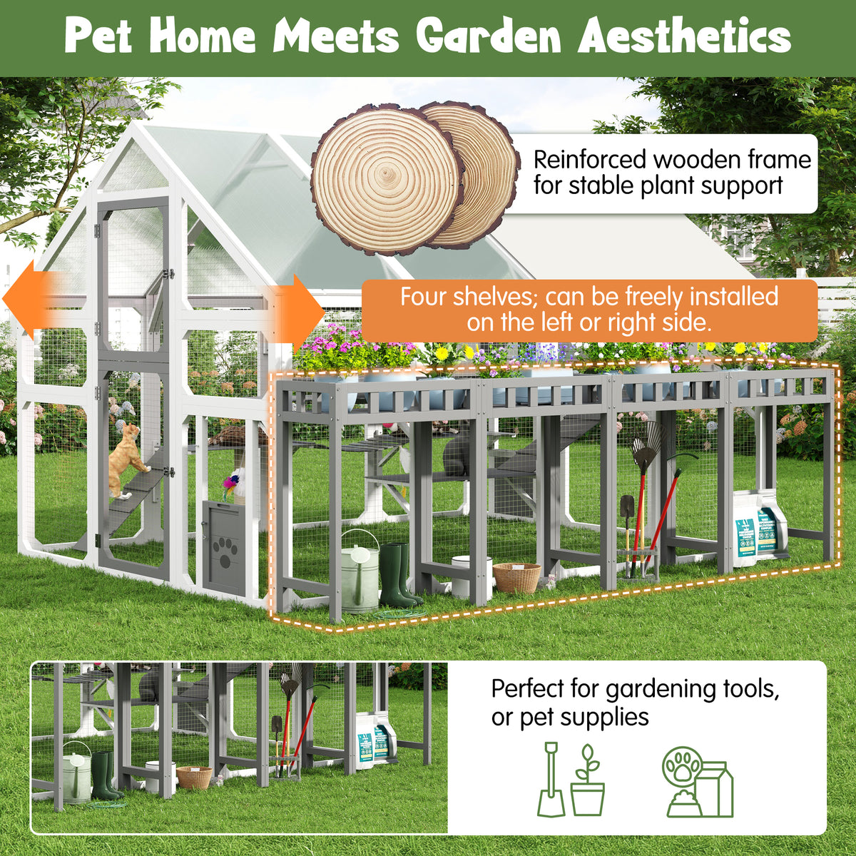 variant-group:rf-n704g201619k|Roomfitters Large Outdoor Cat House with Detachable Planter Stand and Scratching Posts Gray & White