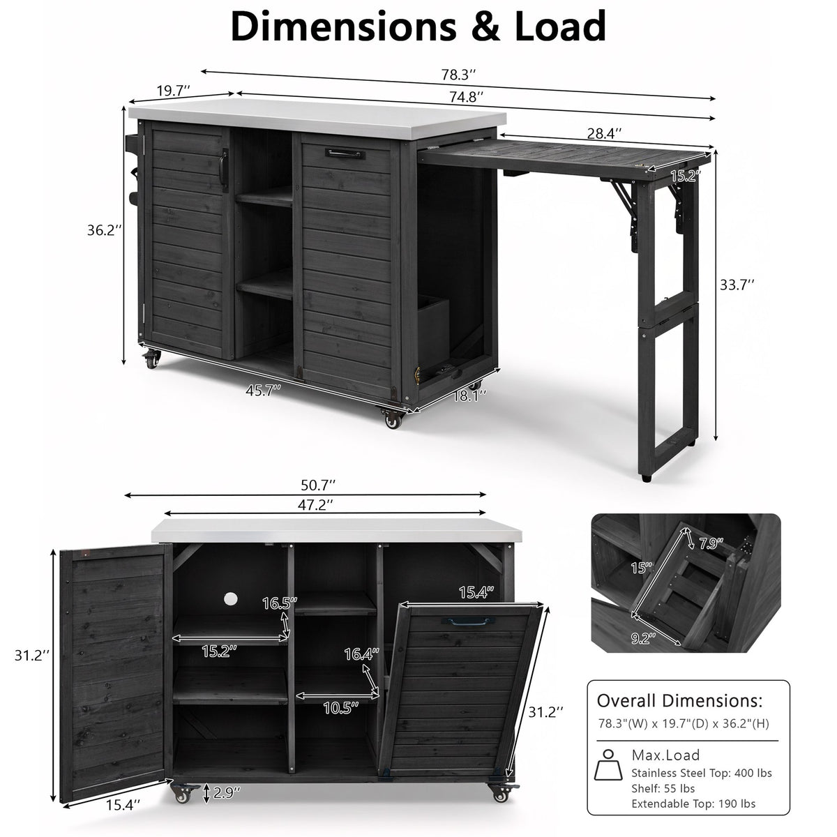 variant-group:rf-n707p370276b|Roomfitters 78.3" Outdoor Kitchen Island with Foldable Grill Table, Stainless Steel Top & Tilt Trash Can Storage, Black