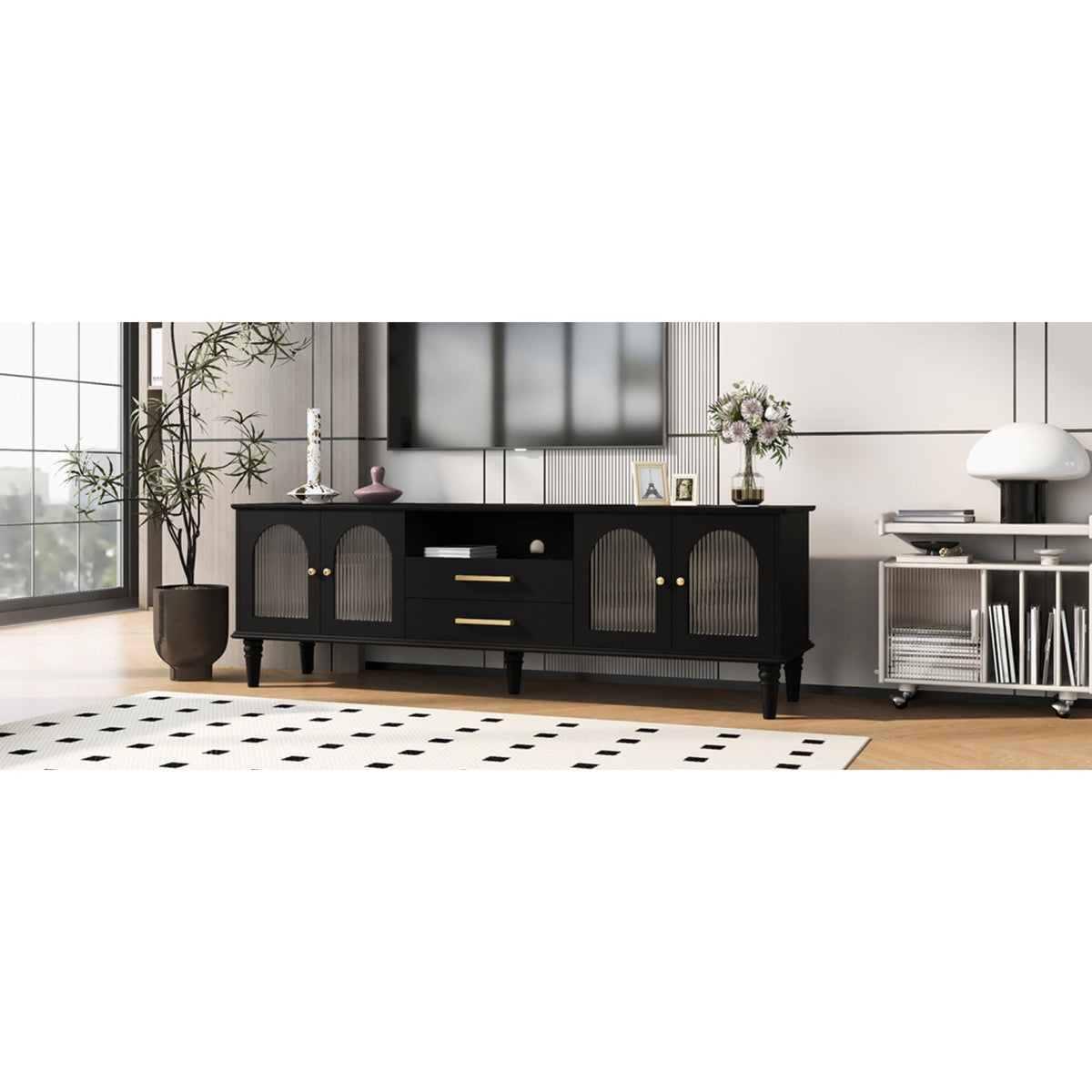 Roomfitters Retro TV Stand for up to 75 Inch TV, Fluted Glass Door Media Console with Five Wood Legs, Black Roomfitters