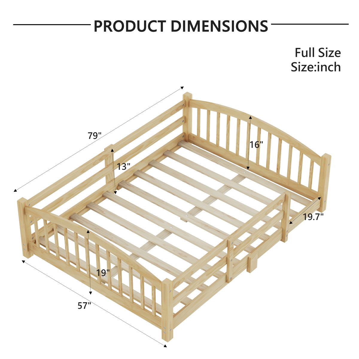variant-group:rf-n733p400299n|Roomfitters Full Montessori Floor Bed with Guardrails, Solid Wood Low Platform Bed with Slats, Easy Assembly, Natural