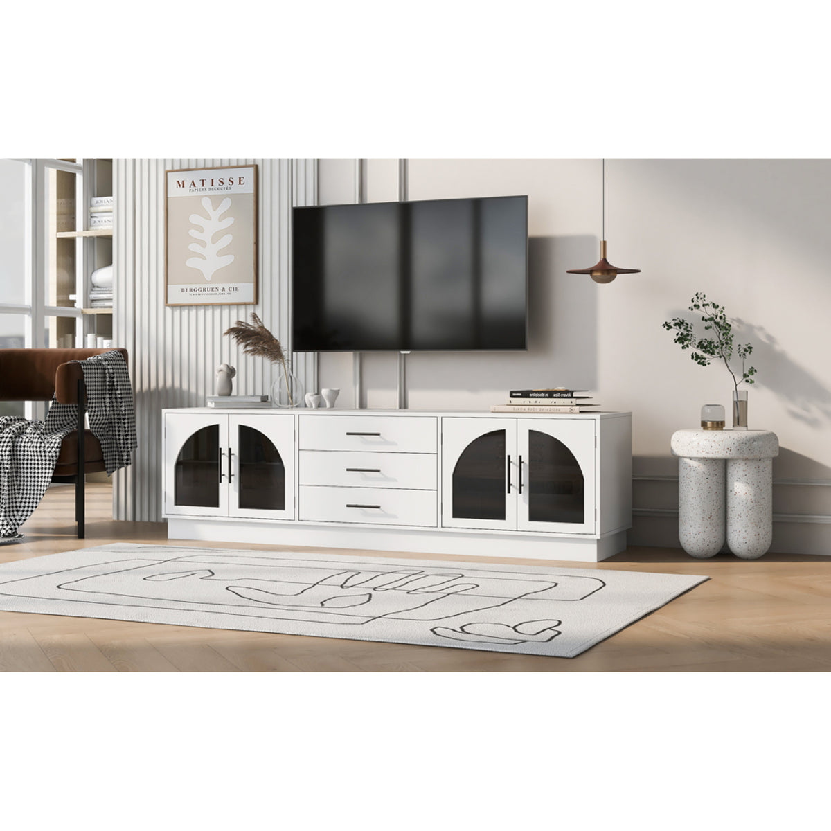 variant-group:rf-n724p284467k|Roomfitters Modern Minimalist TV Stand for up to 75 Inch TV, Entertainment Console Cabinet with Adjustable Shelves, White