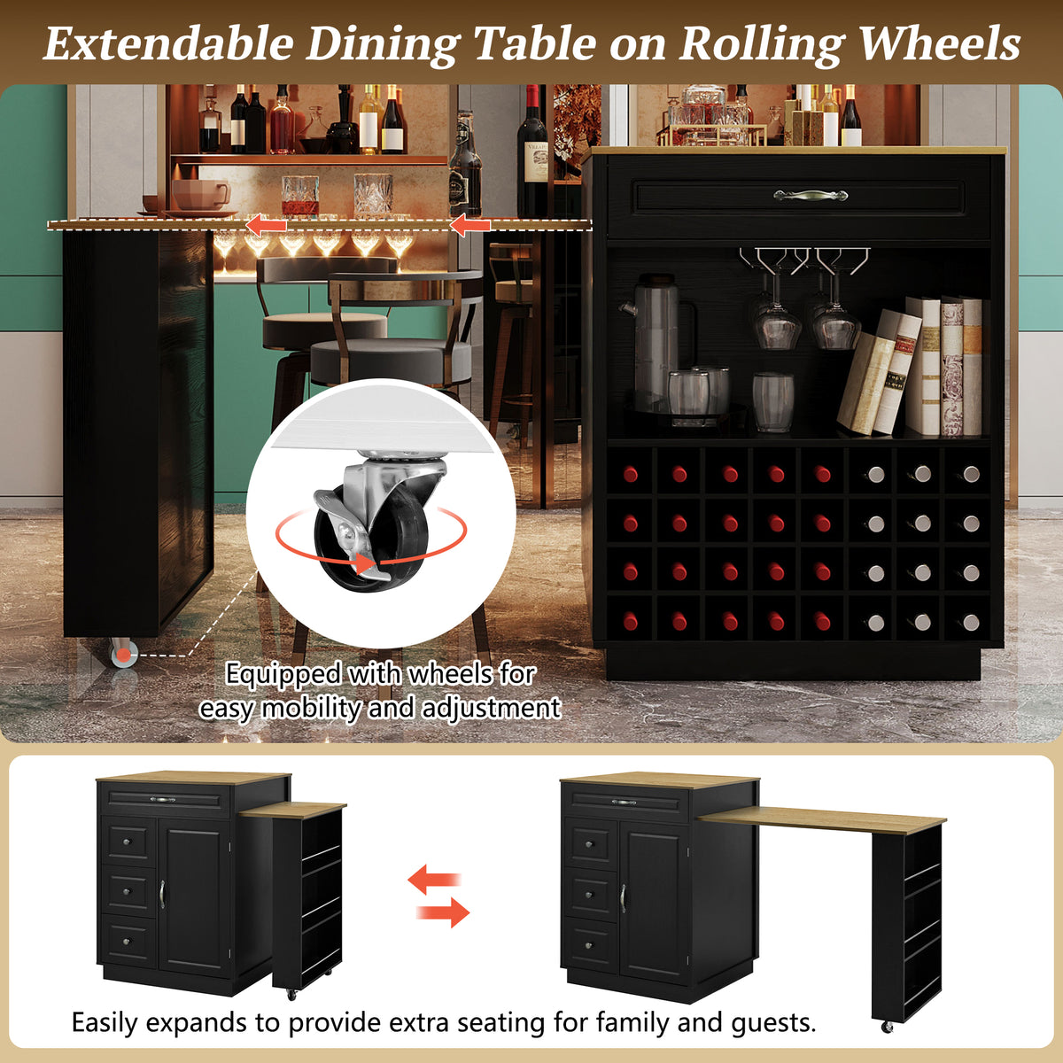 variant-group:rf-n711wy000493aab|Roomfitters Black and Natural Wood MDF Extendable Bar Cabinet, Rolling Kitchen Island Table, Wine Rack Storage