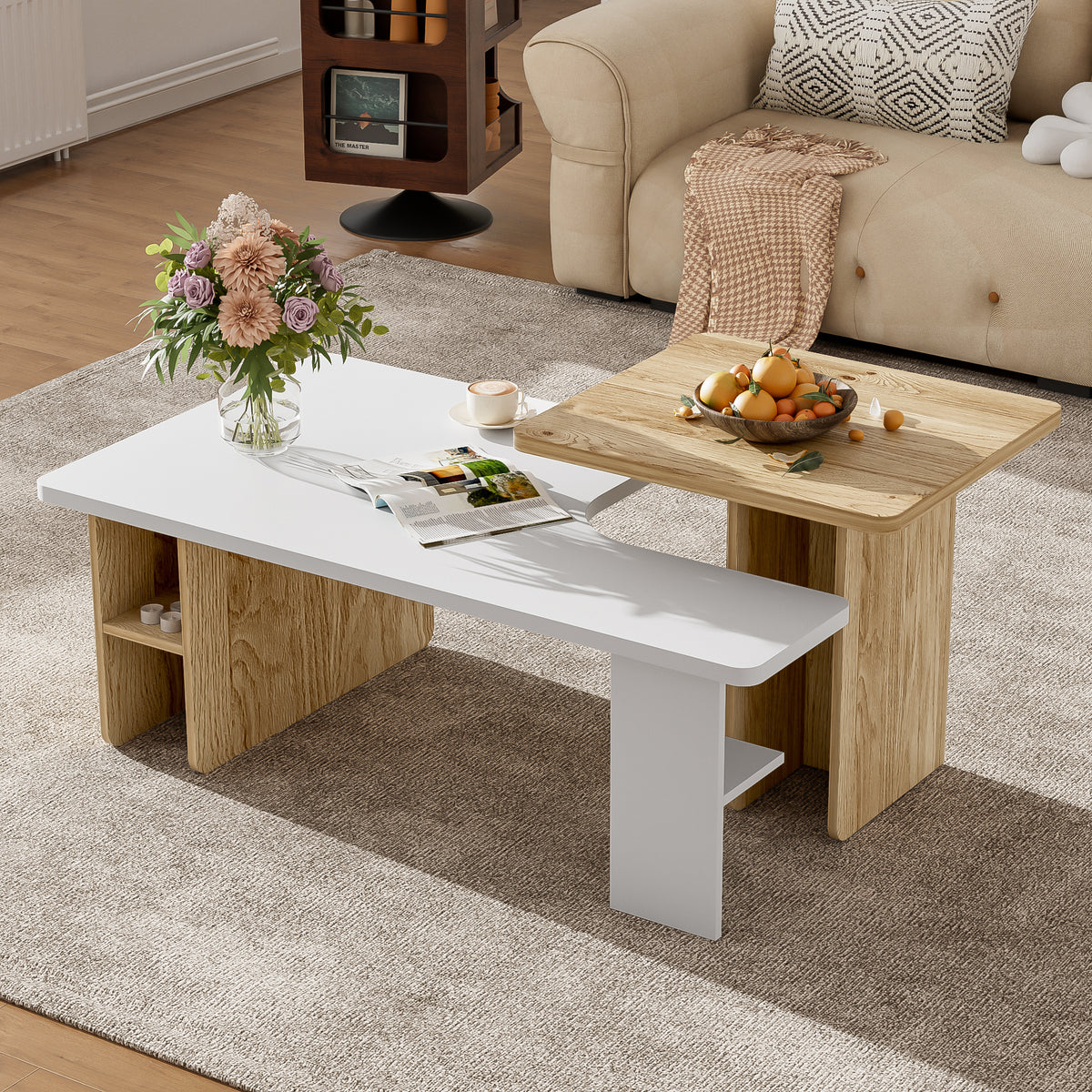 variant-group:rf-n724p294661k|Roomfitters Farmhouse Nesting Coffee Table Set of 2, Rectangle Wood Finish Accent Tables for Living Room and Sofa Side, White