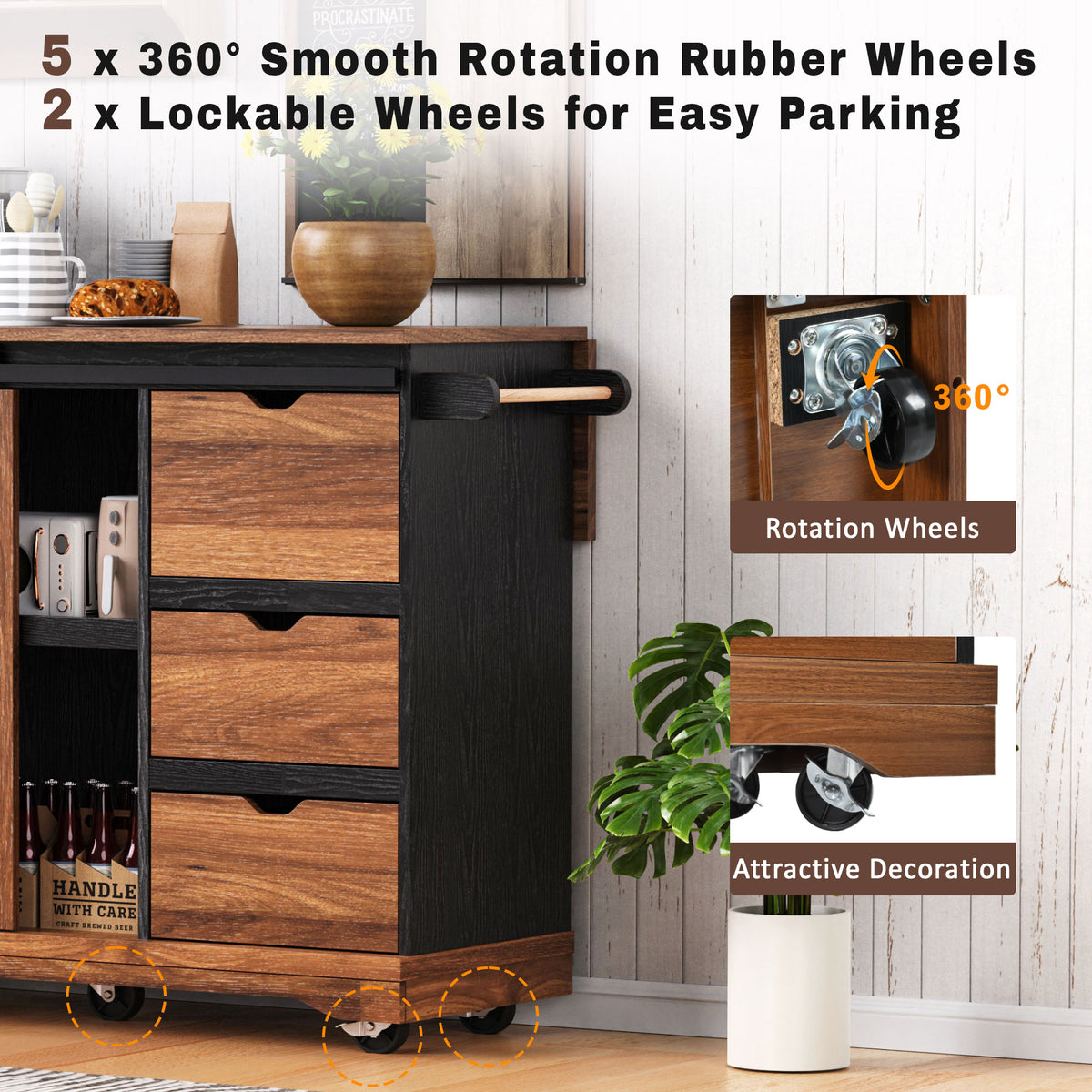 variant-group:rf-n707p288229b|Roomfitters 55.5" Rolling Kitchen Island with Drop Leaf, Mobile Kitchen Storage Cart with Sliding Barn Door, Power Outlets, Black