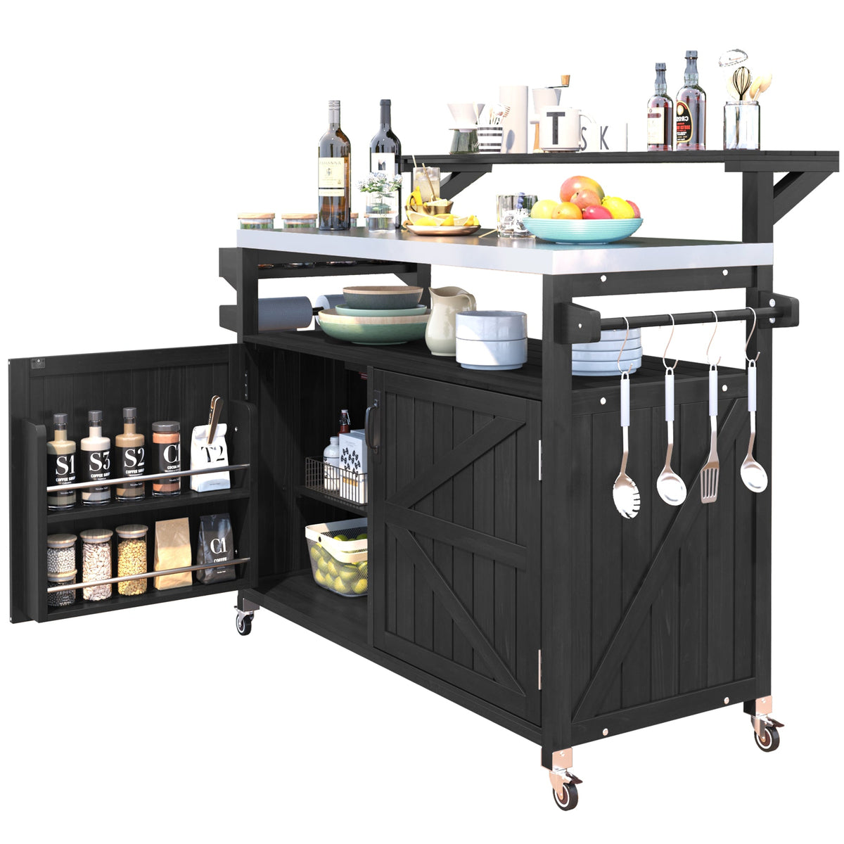 Roomfitters 56.5" Grill Cart, Outdoor Kitchen Island with Stainless Steel Top and Storage Cabinet, BBQ Prep Station, Black