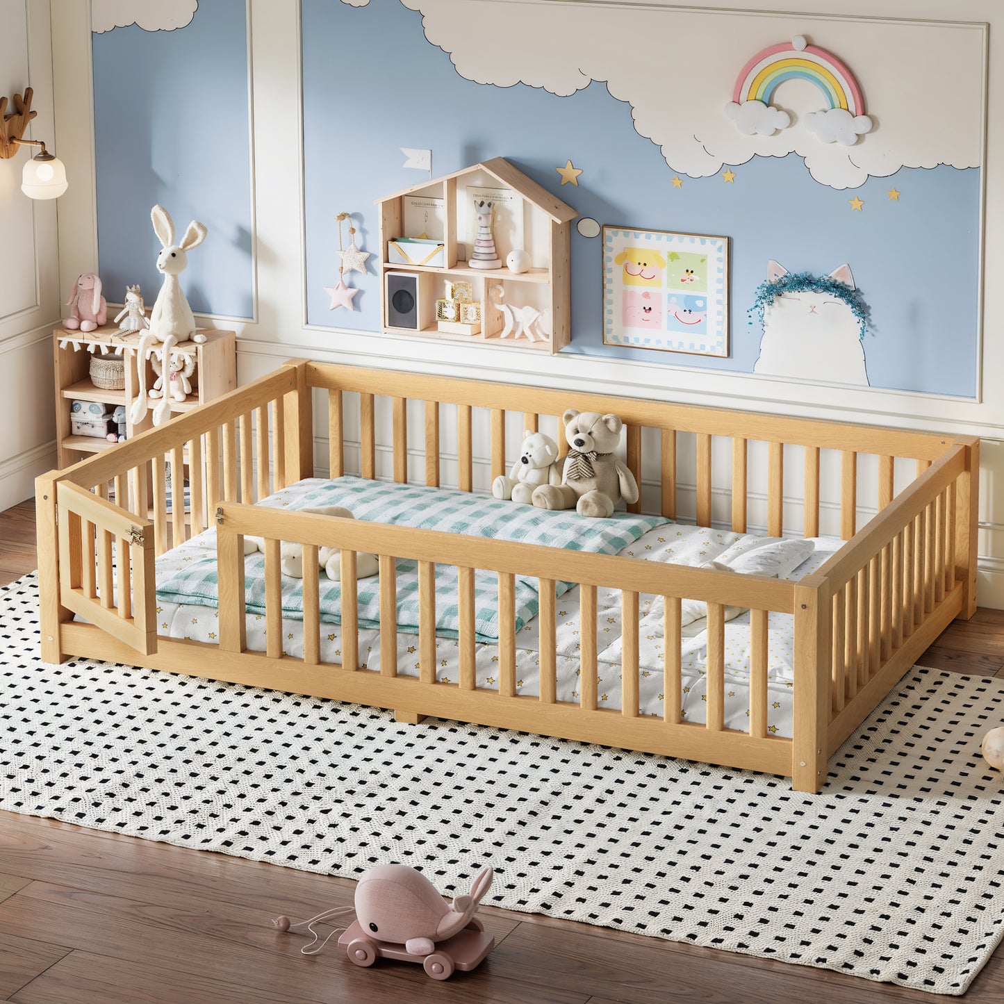 variant-group:rf-w1580p462323|Roomfitters Full Size Wooden Floor Bed Frame with Safety Guardrails Door, Solid Wood Low Profile Toddler Play Bed, Natural