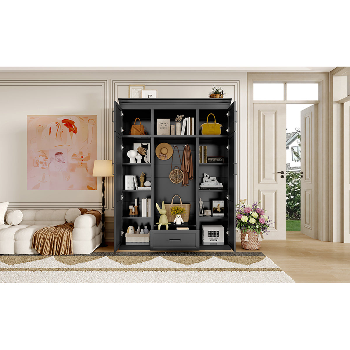 variant-group:rf-n724sj000140aab|Roomfitters 85.2" Hall Tree with Bench, 3 Hooks, 4 Doors, 1 Drawer and Adjustable Storage Shelves, Black