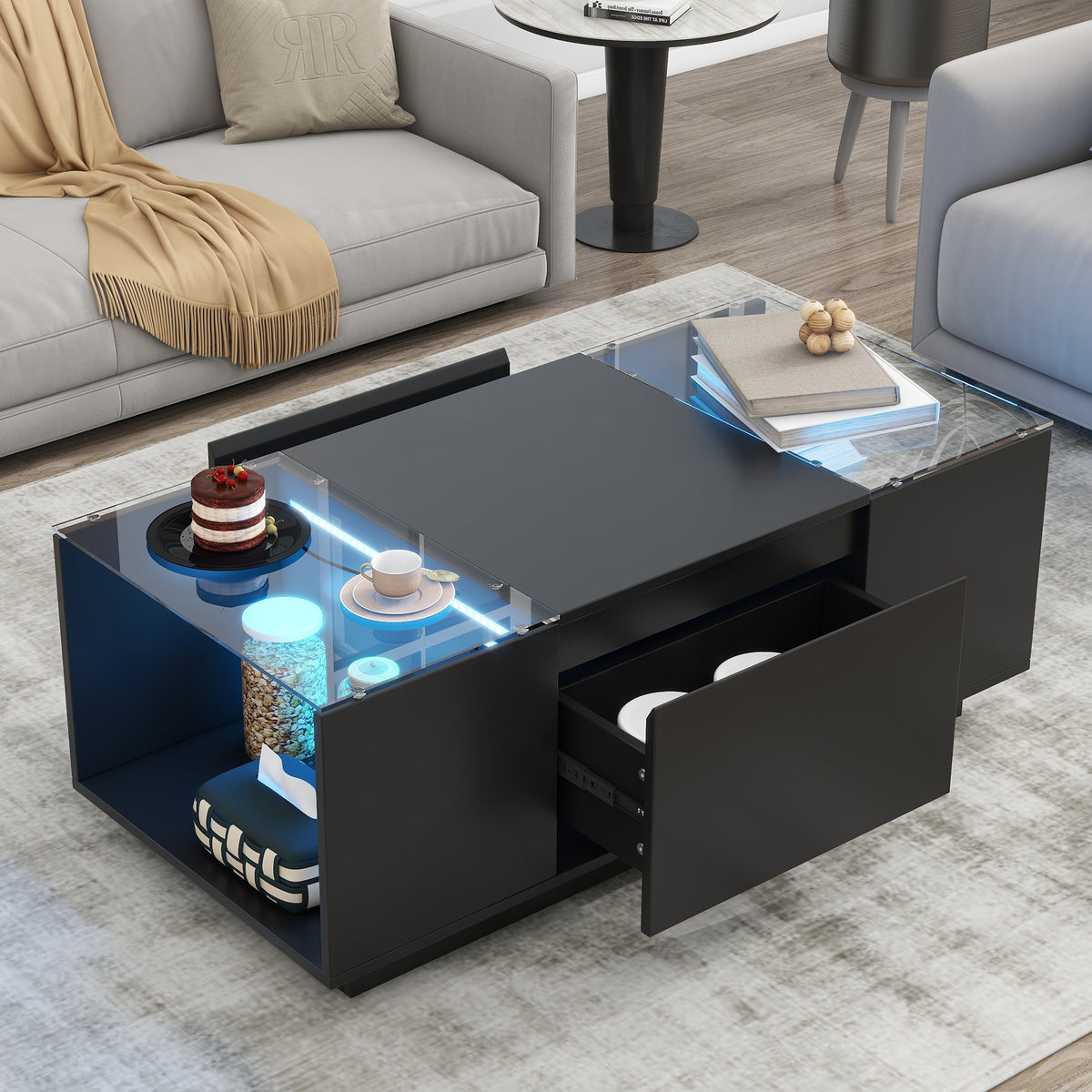 variant-group:rf-n724p290056b|Roomfitters Modern Center Coffee Table with High Gloss Finish, Glass Top and Hidden Storage Compartments, Black